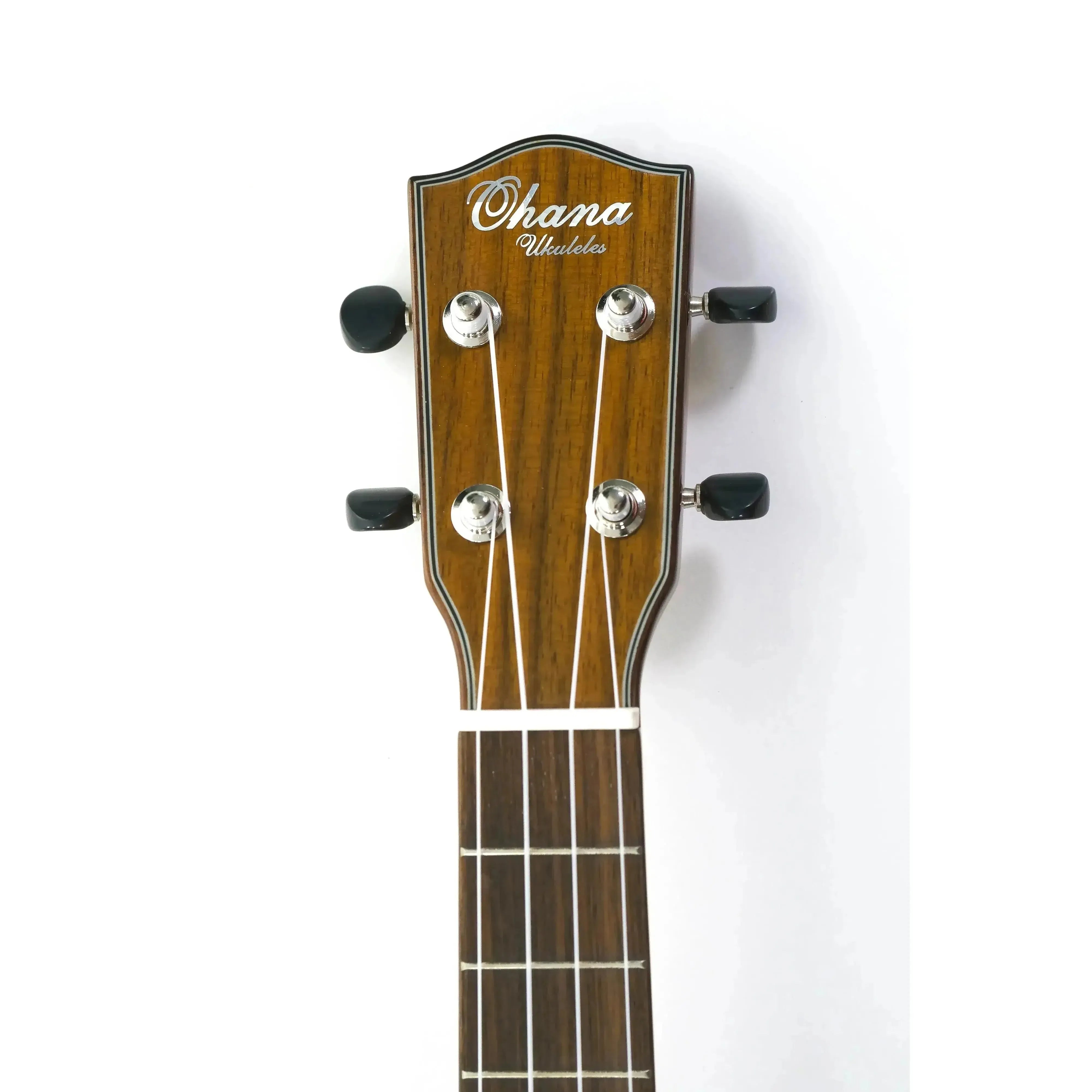 Ohana TK-35GCE tenor ukulele headstock with solid mahogany, glossy finish, and black tuners.