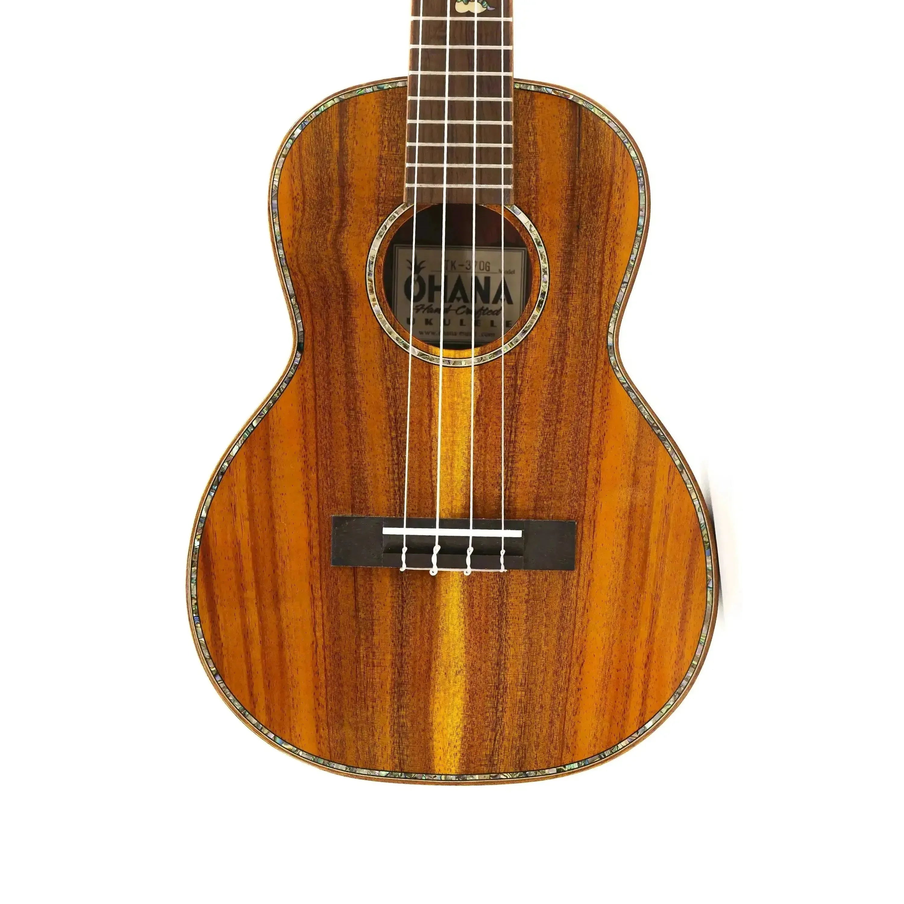 Ohana TK-370G Tenor Ukulele with gloss solid Hawaiian Koa body, abalone rosette, and binding.