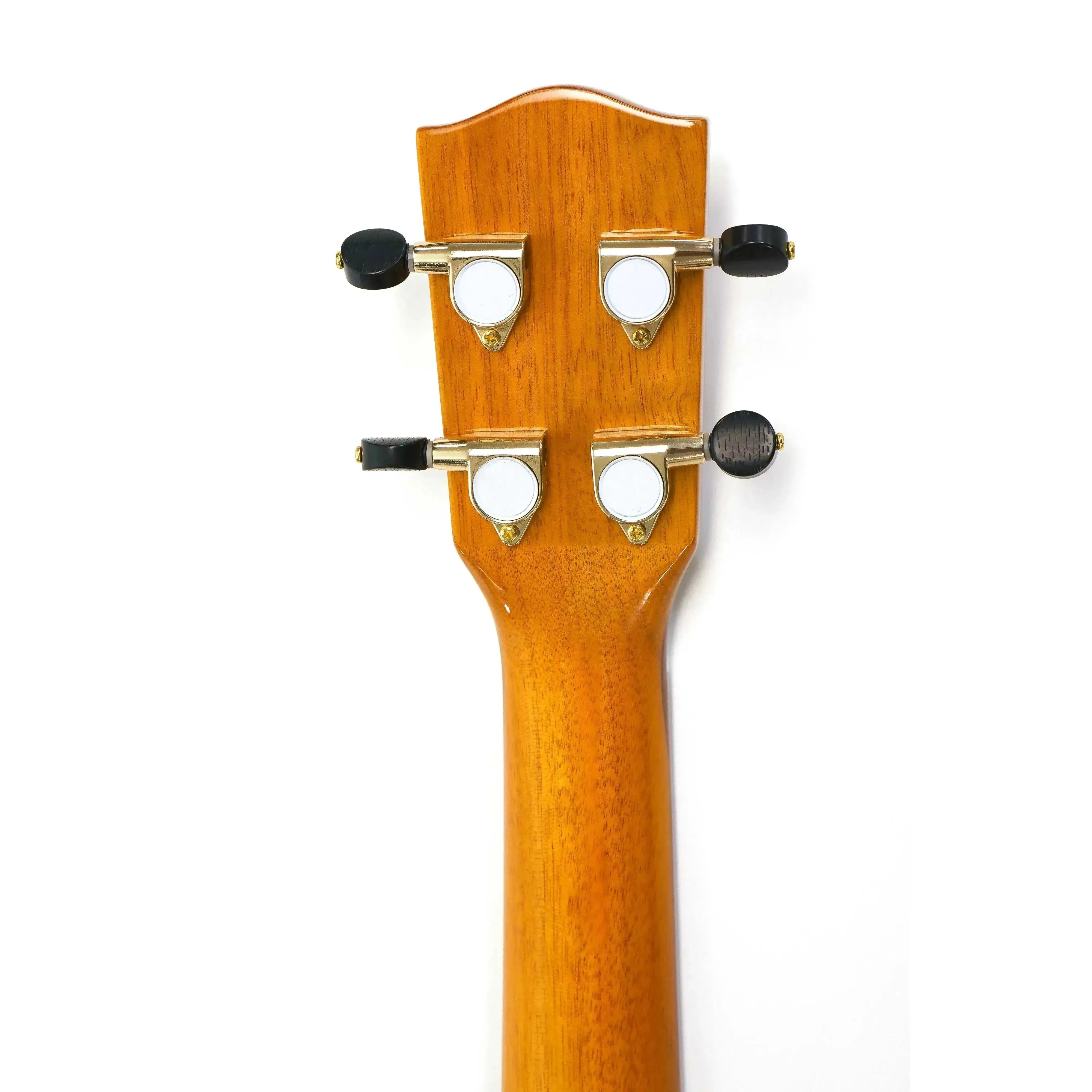 Back of Ohana Tenor Ukulele headstock and neck, showing gold tuners with black buttons.