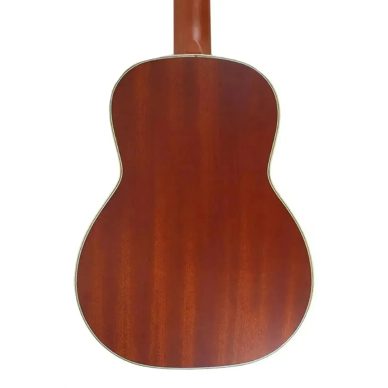 Back of an Ohana TK-39 tenor ukulele, showing its premium mahogany wood and maple body binding.