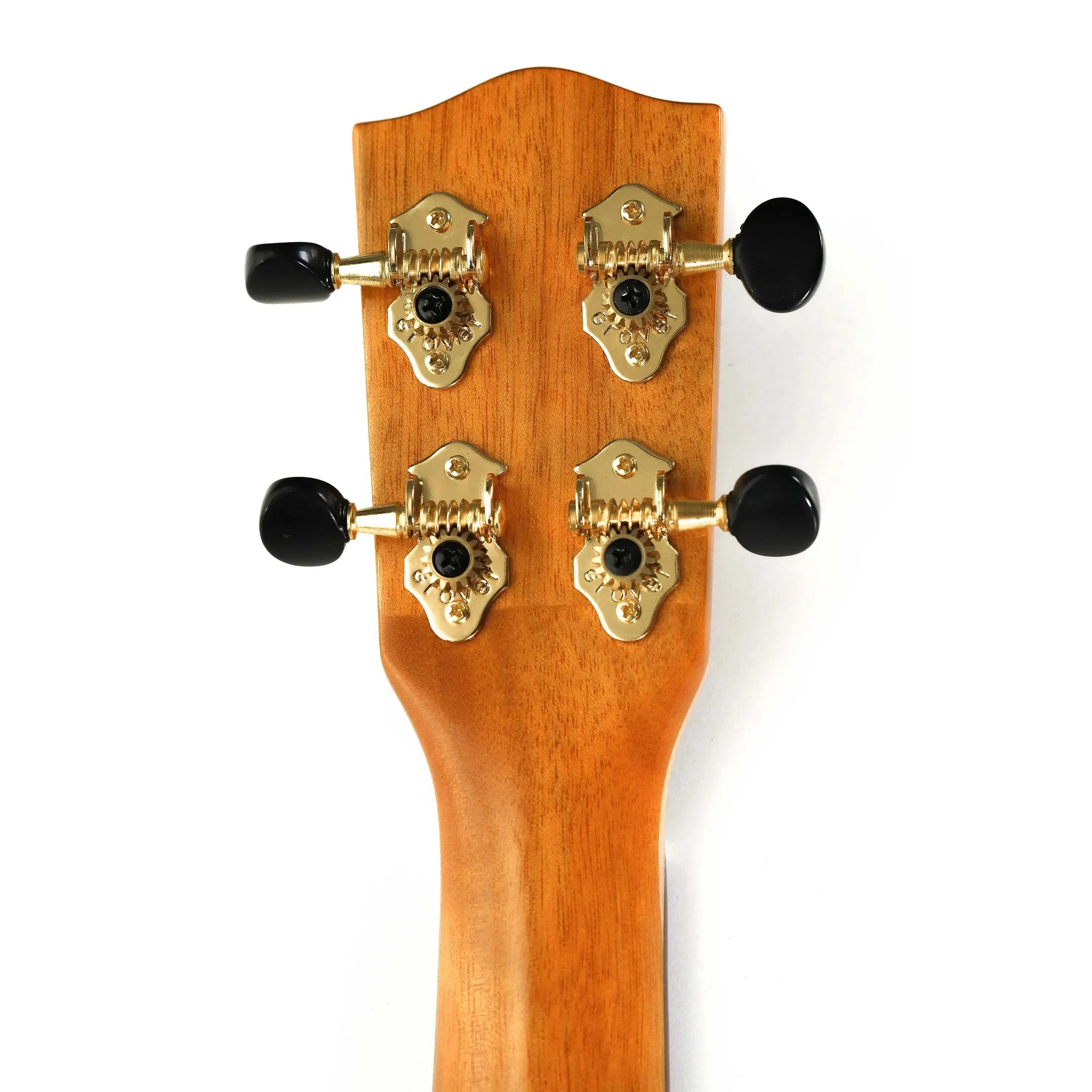 Ohana TK-43 Tenor Ukulele mahogany neck and headstock with gold geared tuners.