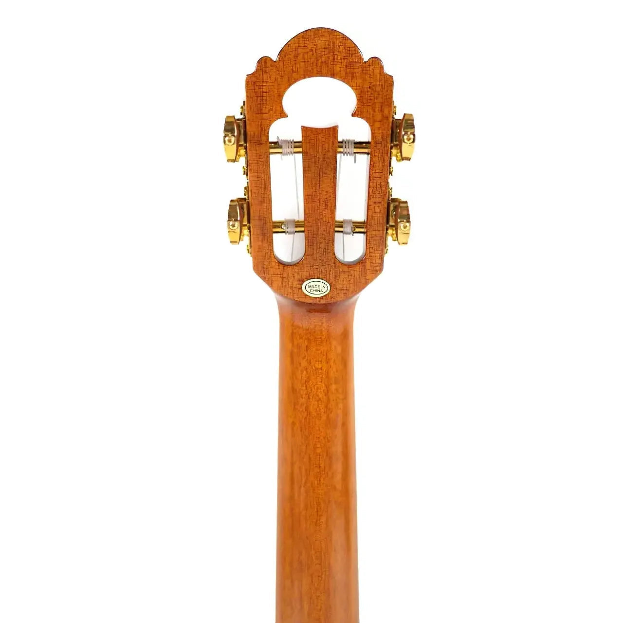 Ohana TK-450 Tenor Ukulele's solid koa neck and slotted headstock with gold tuners.