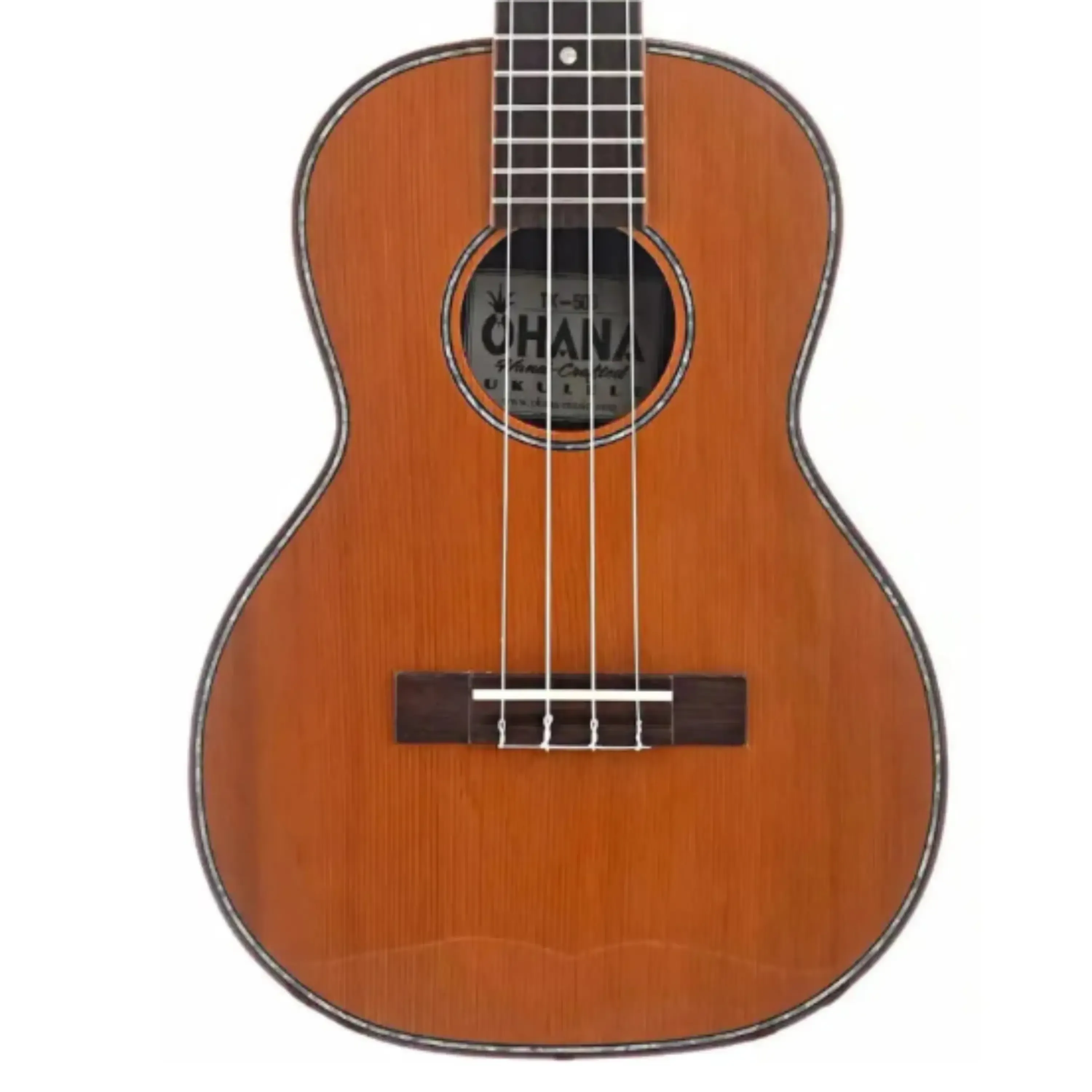 Ohana TK-50G tenor ukulele with a glossy cedar top, rosewood body, and pearloid rosette.