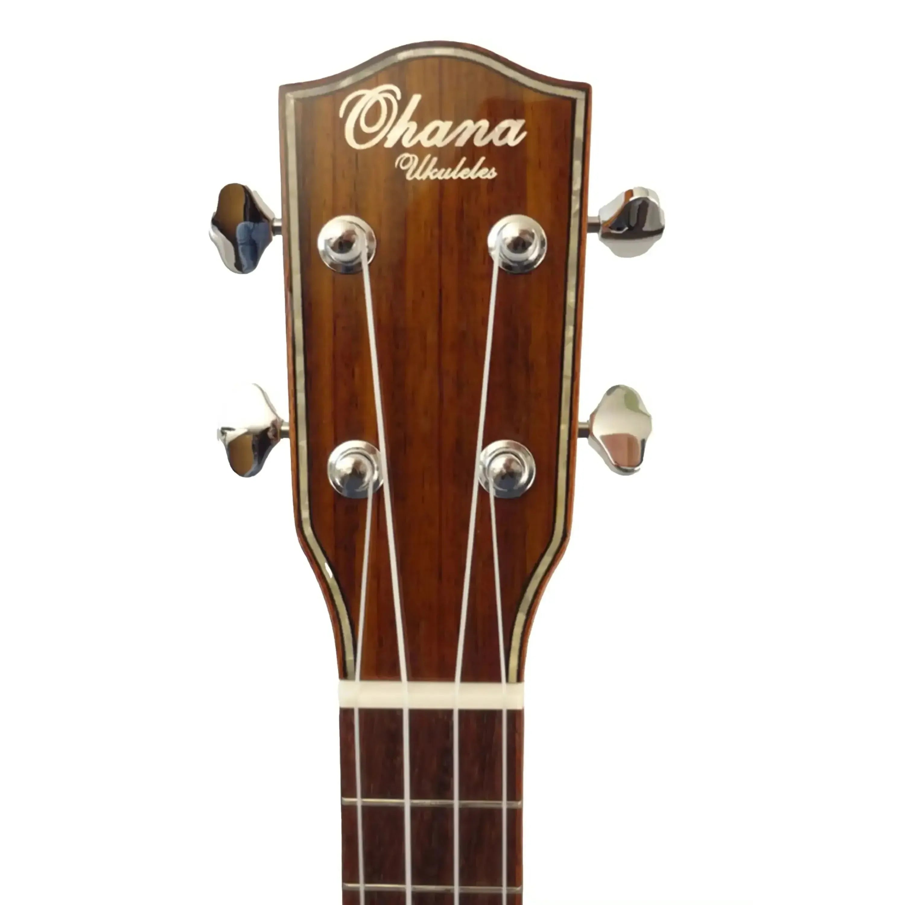 Ohana TK-50G tenor ukulele headstock with "Ohana Ukuleles" logo, Grover chrome tuners, and dark wood grain.