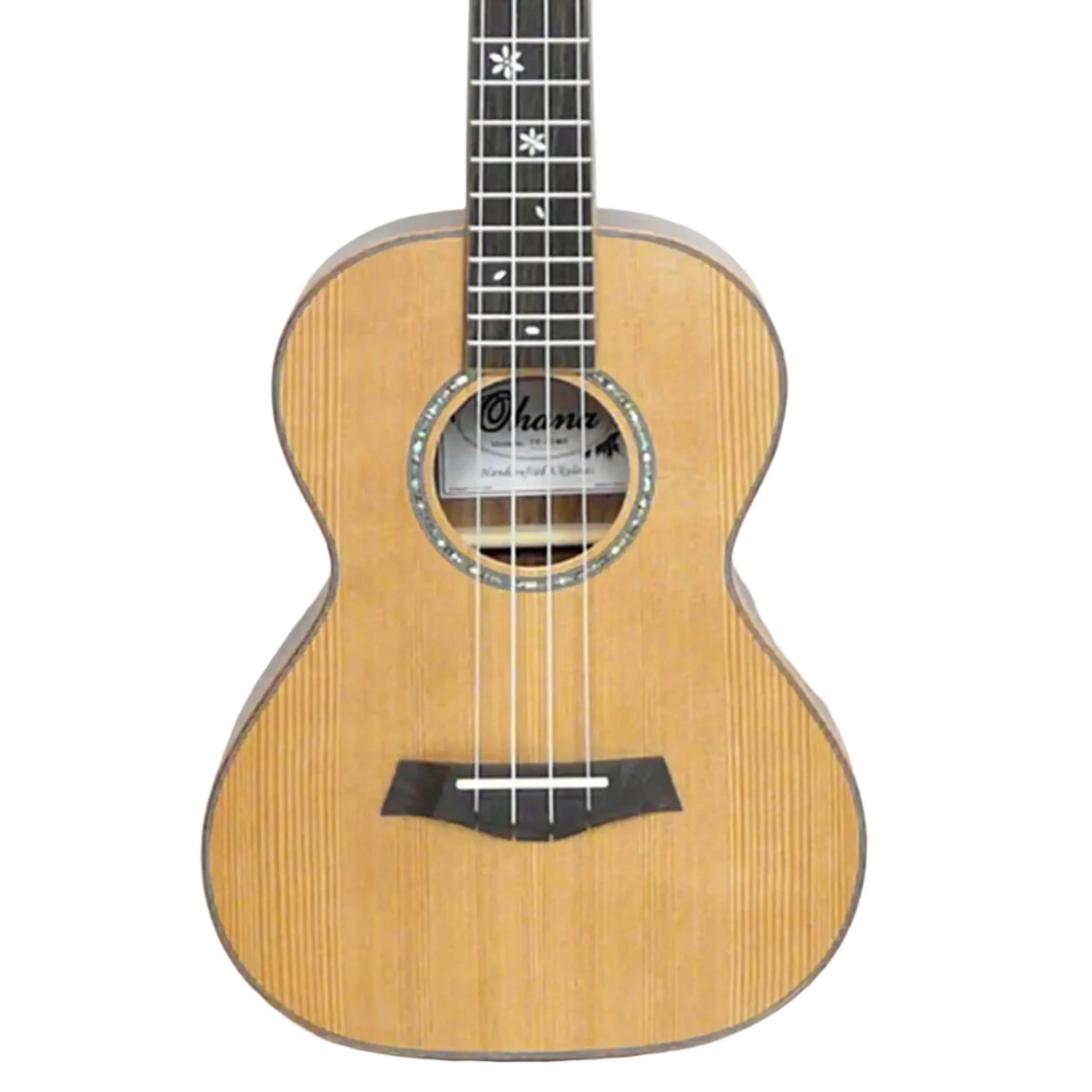 Ohana TK-50ME Tenor Ukulele with light cedar top, dark bridge, and snowflake fretboard inlays.