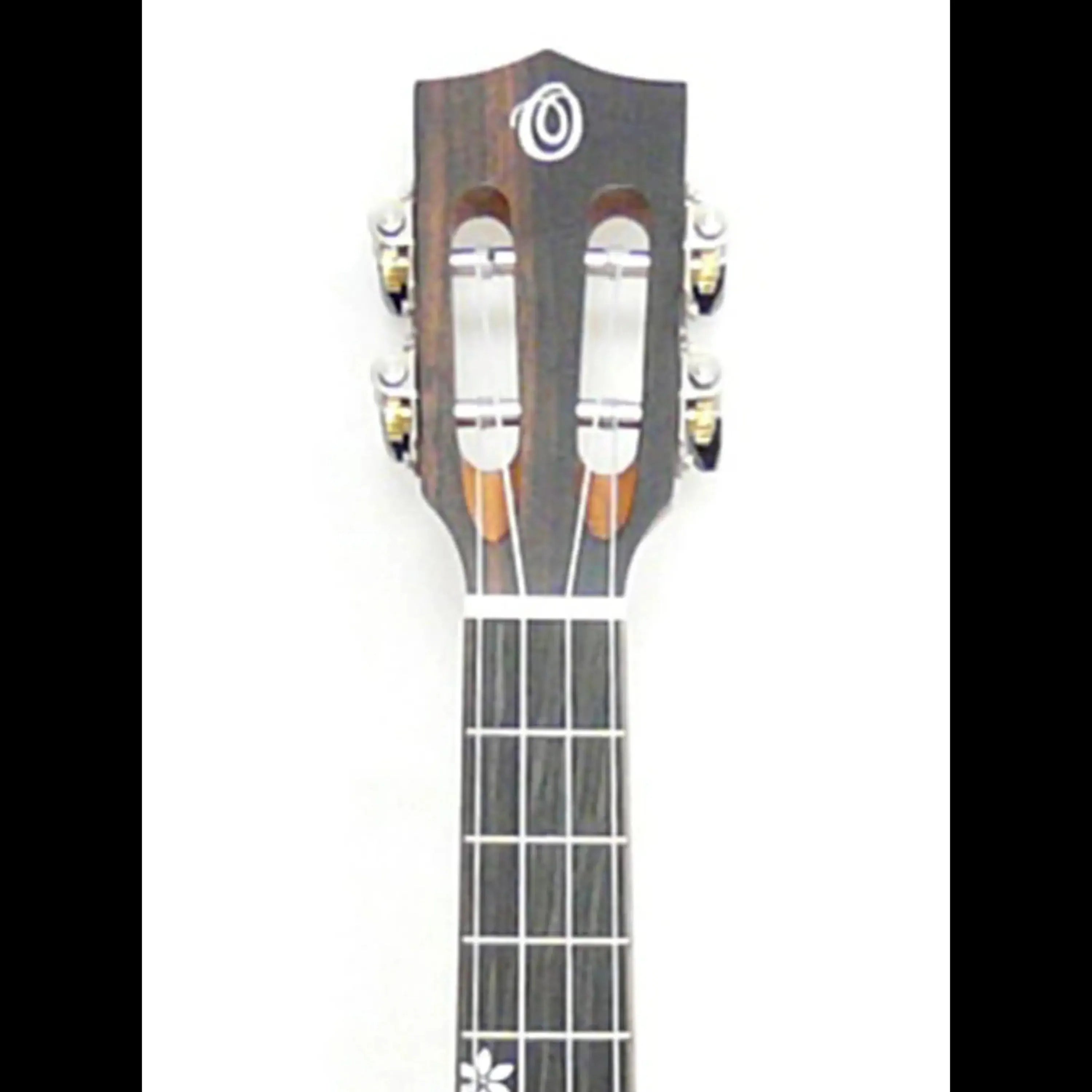 Ohana TK-50ME Tenor Ukulele headstock with dark Macassar ebony, slotted design, Grover tuners, and logo.