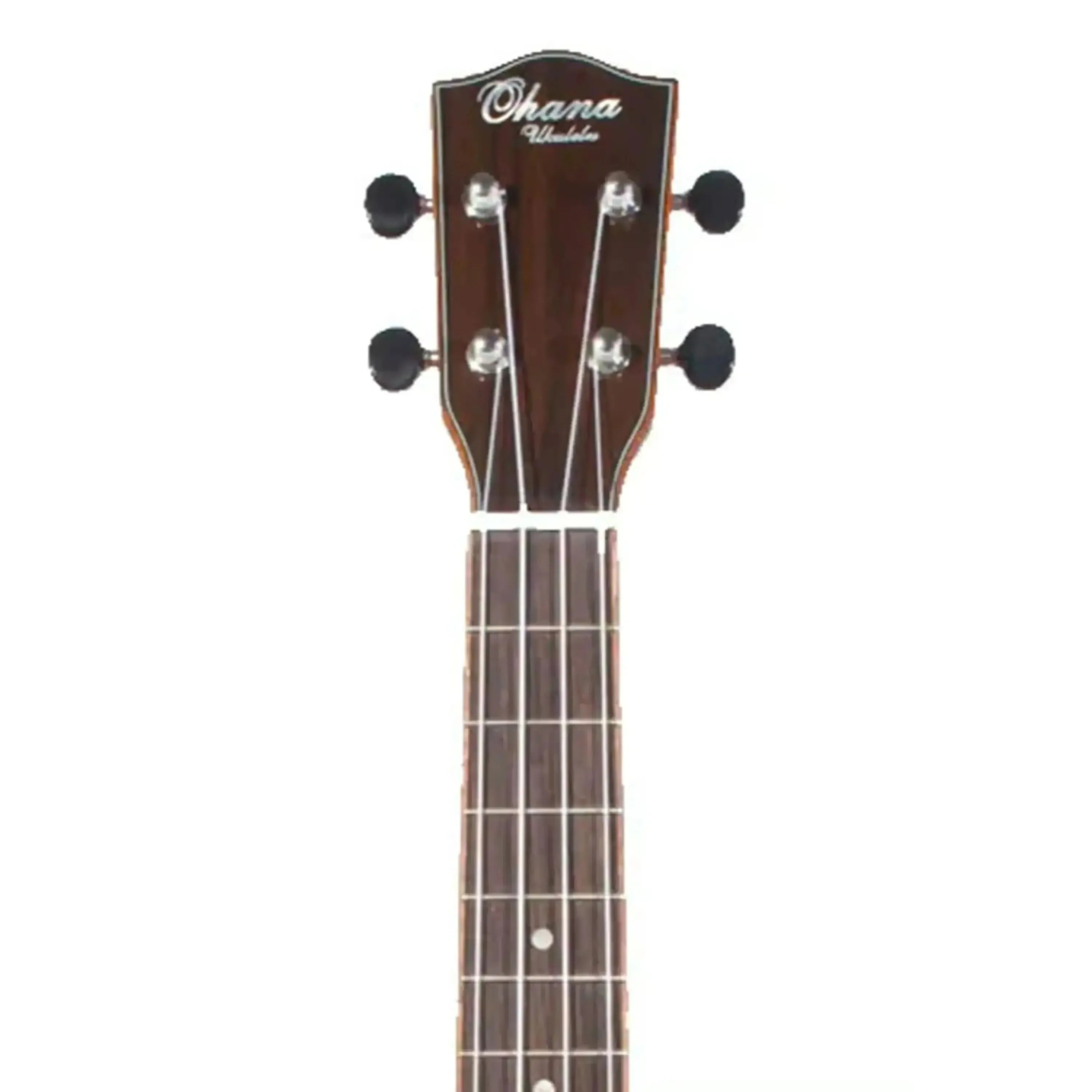 Ohana TK-50WG Tenor Ukulele headstock and fretboard, dark wood with "Ohana" logo and black tuners.