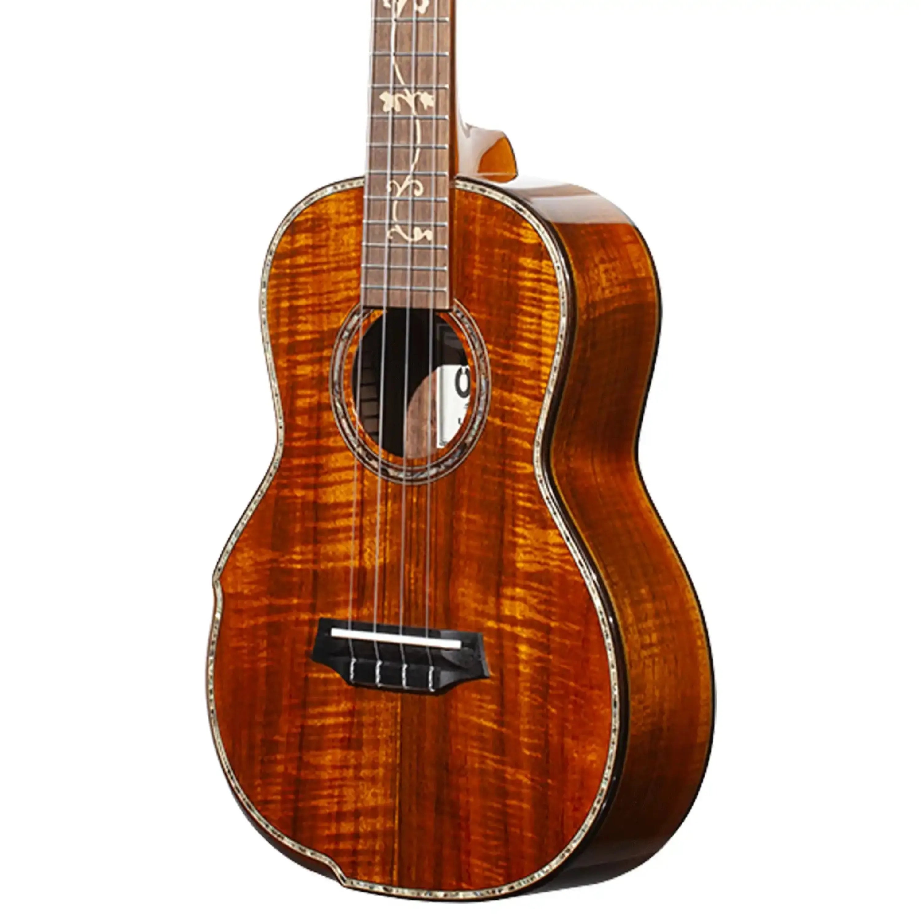 Ohana TK-575G Limited Edition Premium Koa Tenor Ukulele with intricate vine inlay and rich wood grain.