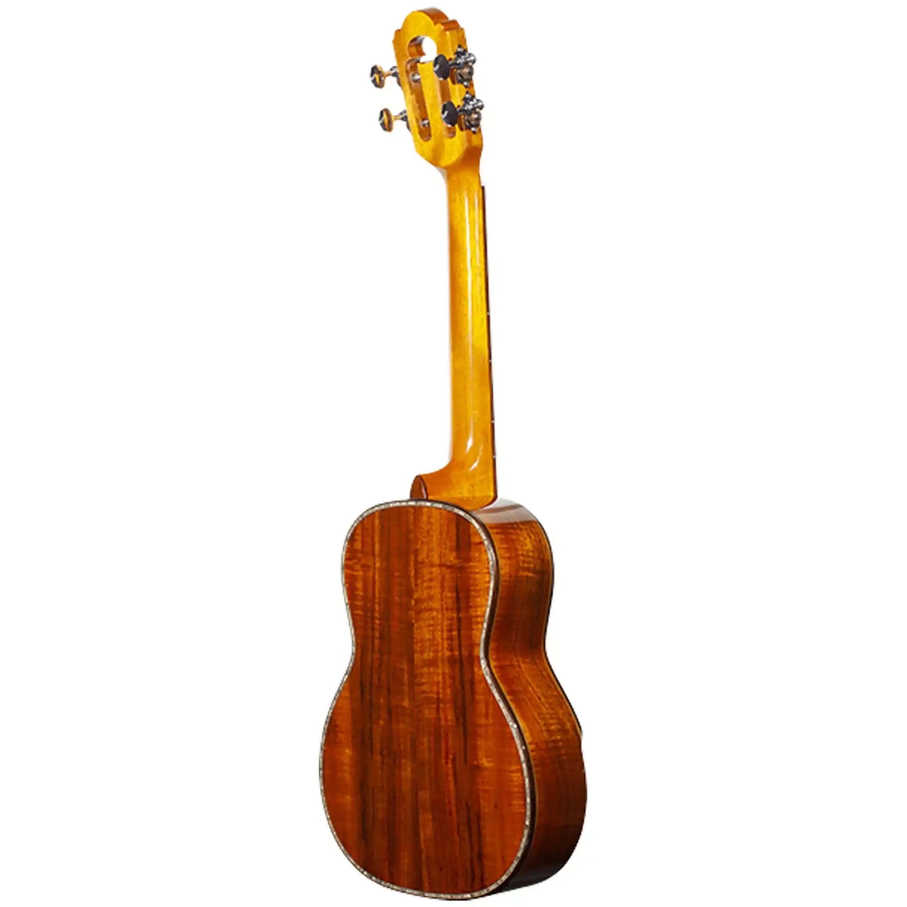 Ohana TK-575G Limited Edition Premium Koa Tenor Ukulele, back view, showcasing its rich, figured wood grain.