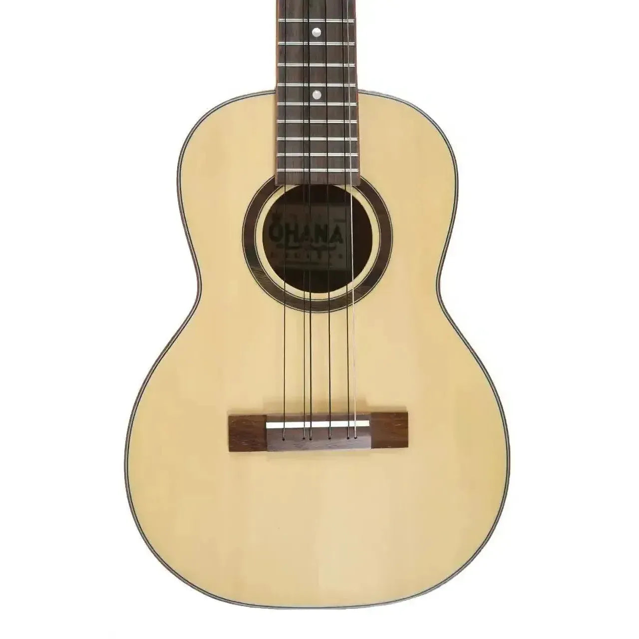 Ohana TK-70-6 6-string tenor ukulele with solid spruce top, mahogany back, and rainbow shell rosette.