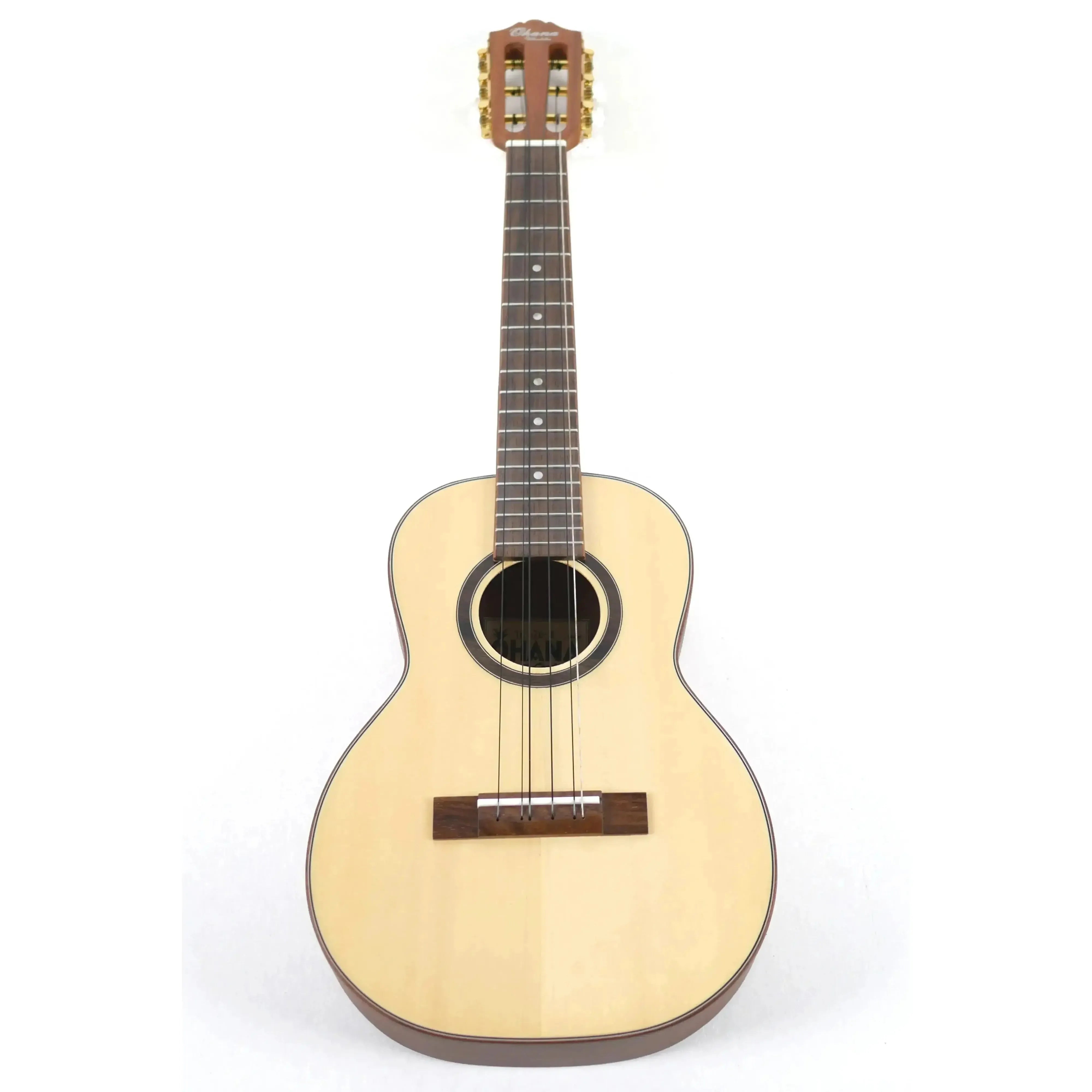 Ohana TK-70-6 6-string tenor ukulele with solid spruce top, mahogany back, and open geared tuners.