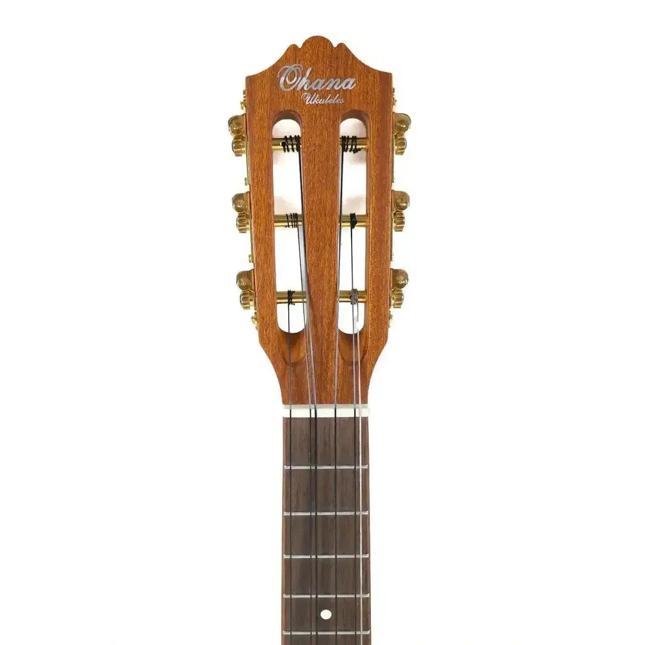 Ohana TK-70-6 6-string tenor ukulele headstock with open slotted design and gold tuners.