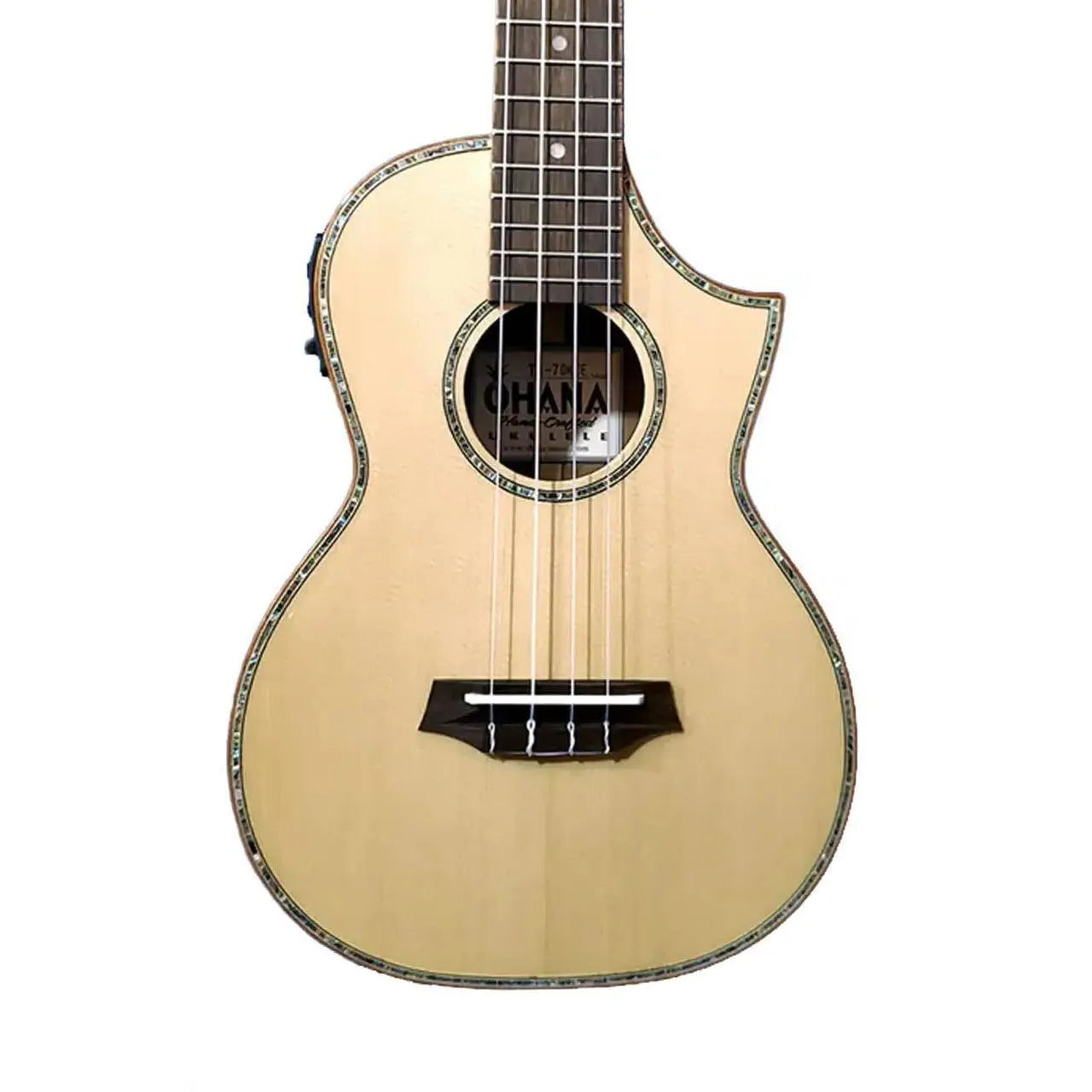 Ohana TK-70KCE Tenor Ukulele with light spruce top, abalone inlays, and cutaway design.