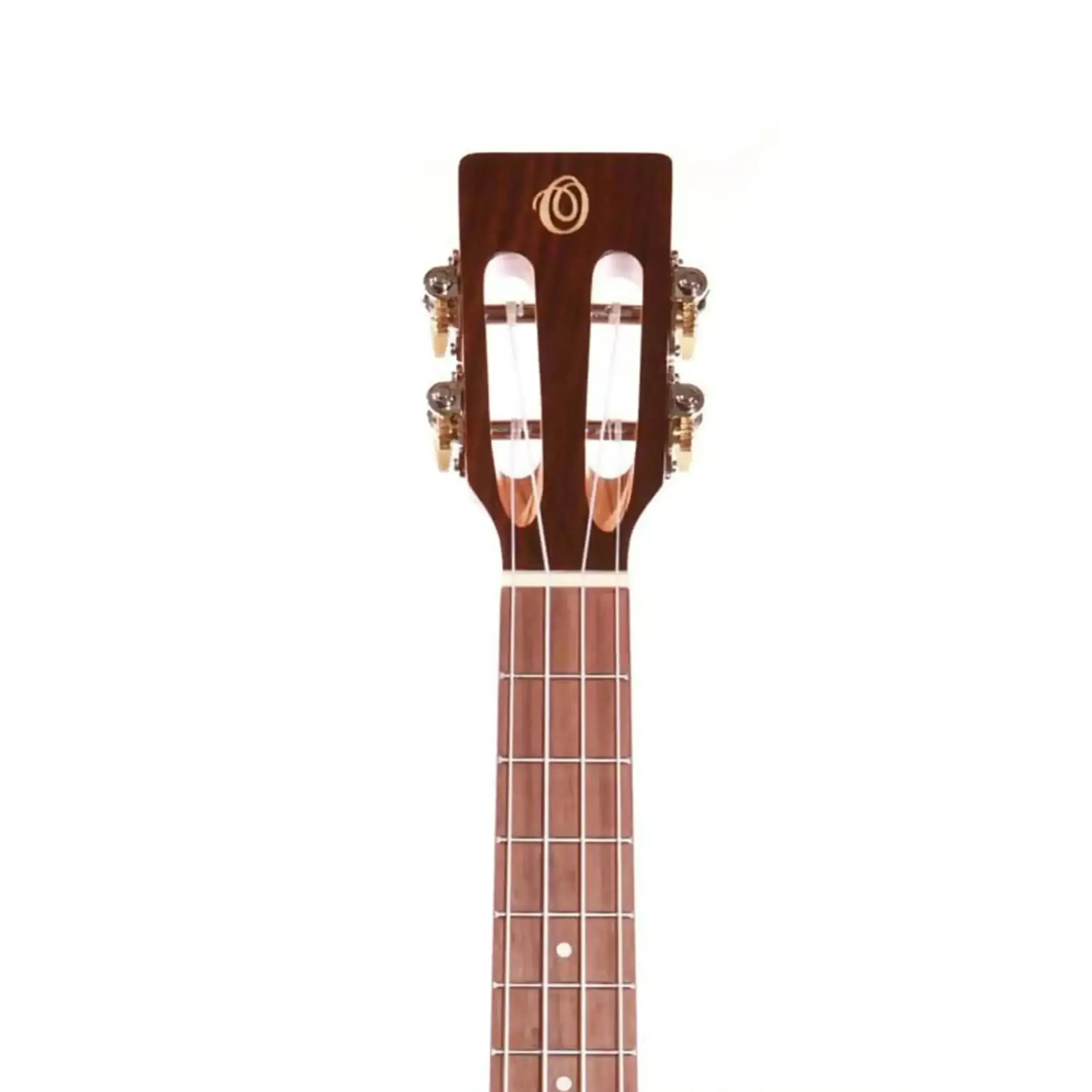 Ohana TK-70R tenor ukulele headstock with open slots, gold tuners, and a dark wood finish.