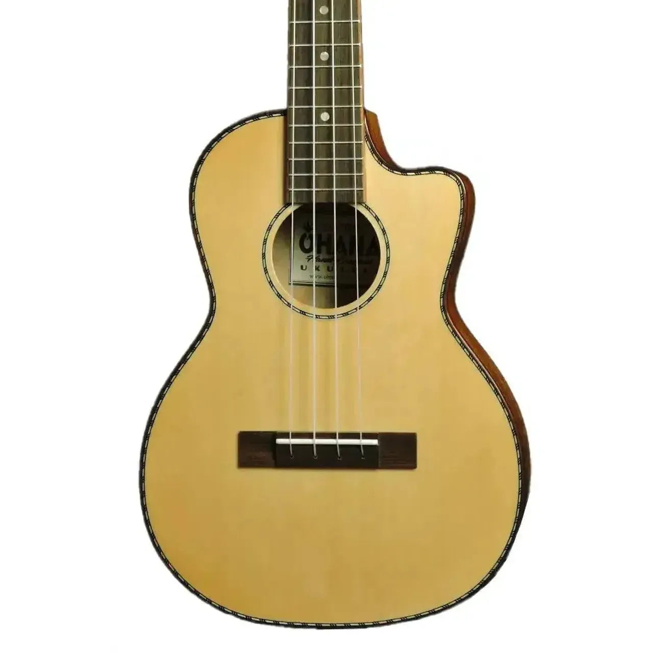 Ohana TK-70WCE tenor ukulele with light spruce top, dark willow sides, and cutaway design.
