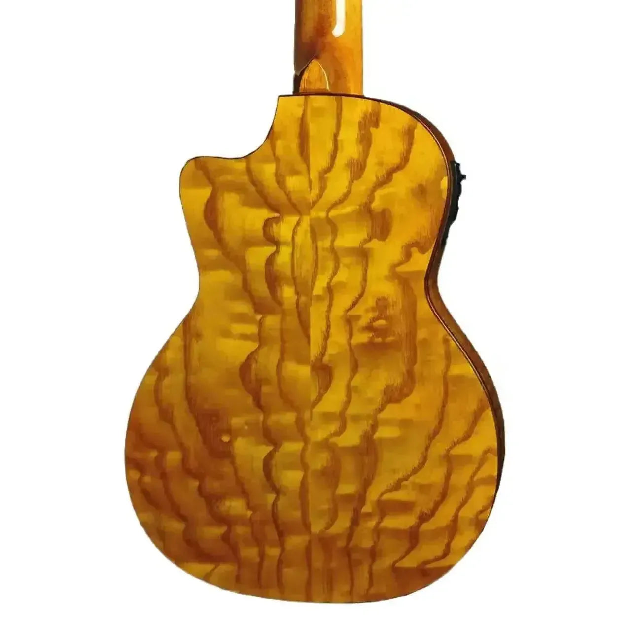 Ohana TK-70WCE tenor ukulele back, showcasing its unique willow wood grain and cutaway design.