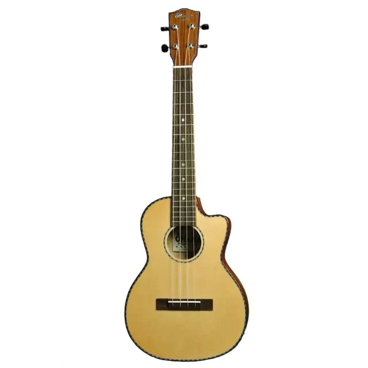Ohana TK-70WCE tenor ukulele with light spruce top, dark willow sides, cutaway, and pickup.