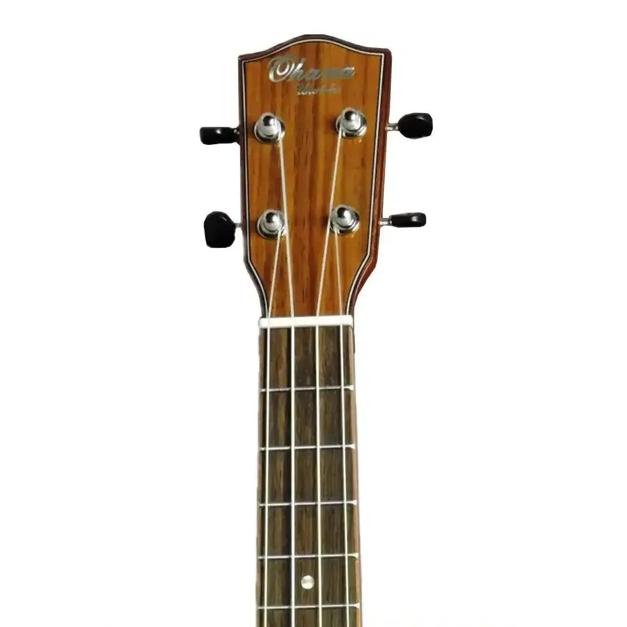 Ohana tenor ukulele headstock with dark wood, Grover tuners, and Ohana logo.