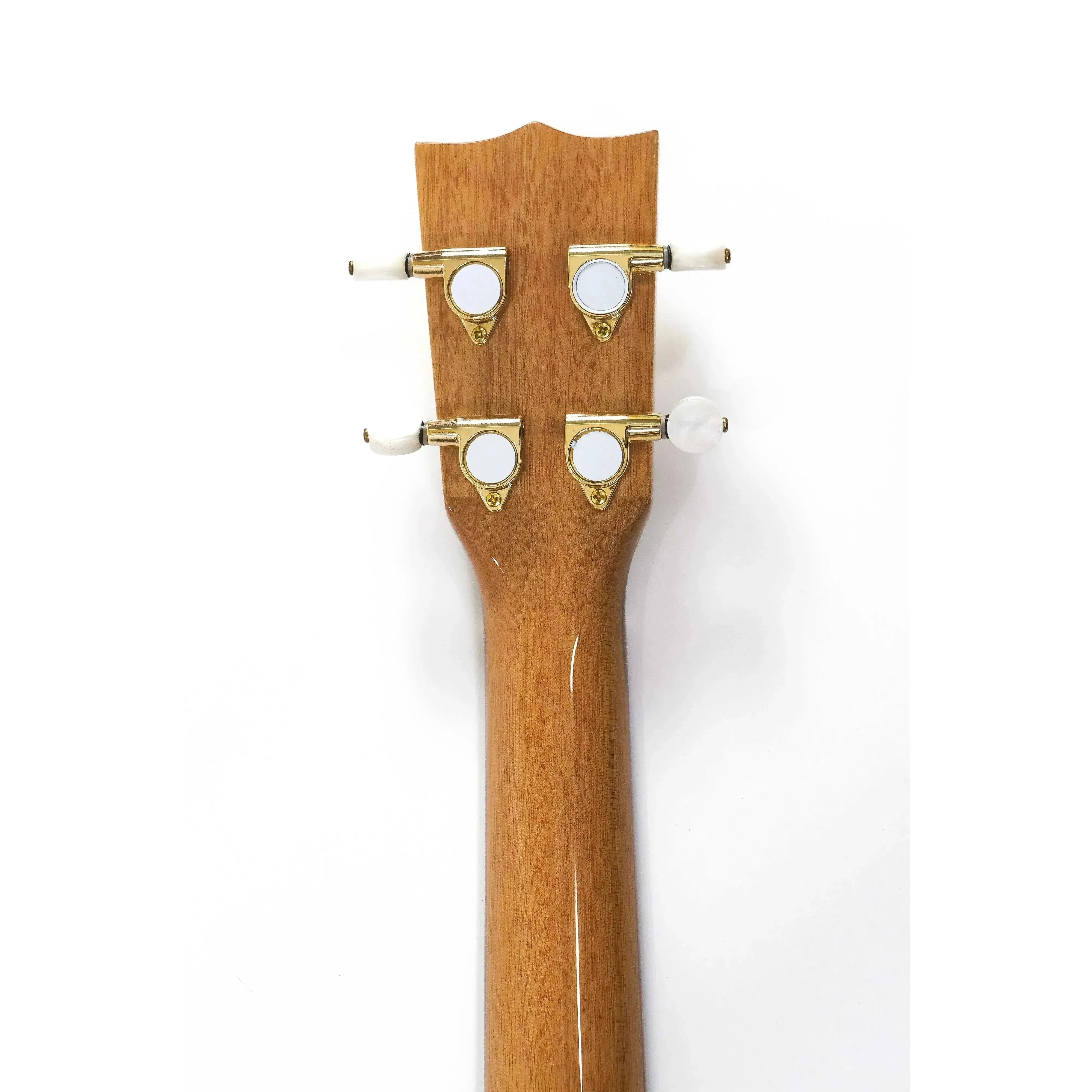 Ohana TK-75CG Tenor Ukulele headstock and neck with deluxe gold tuners and black buttons.
