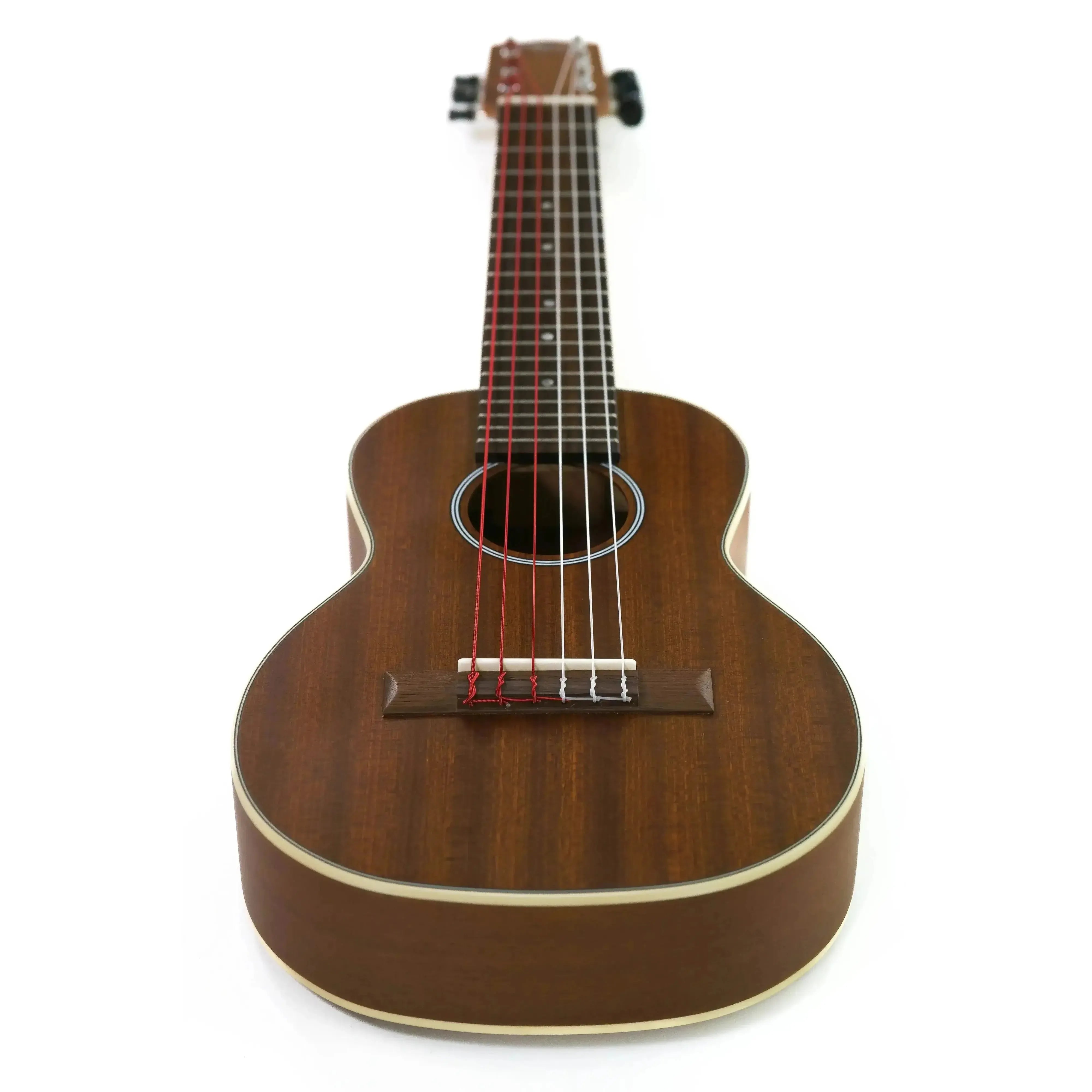 Ohana TKG-20 Mahogany Mini-Guitar with red and white strings, cream binding, and satin finish.