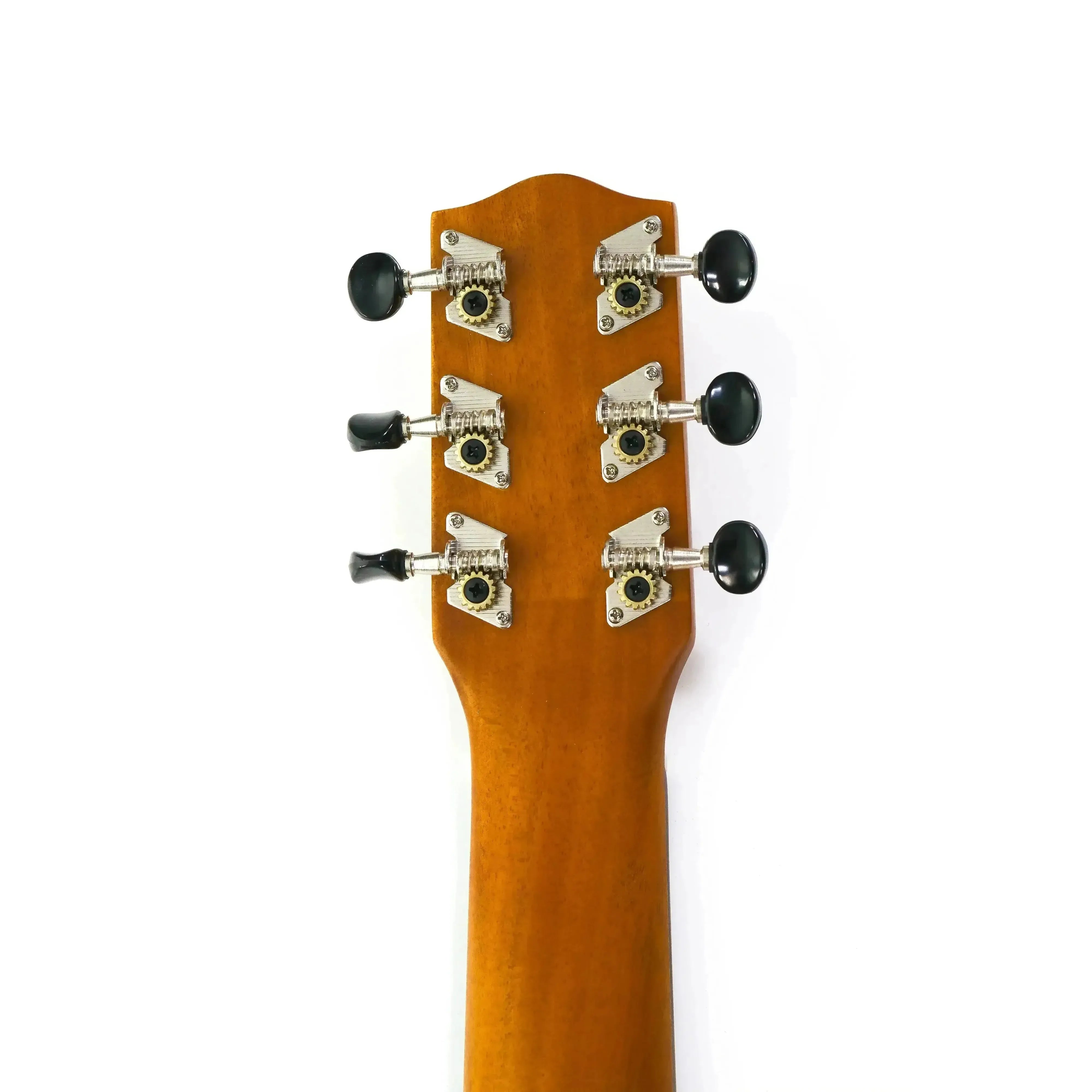 Ohana TKG-20 Mahogany Mini-Guitar headstock and neck, showing six black tuning pegs.