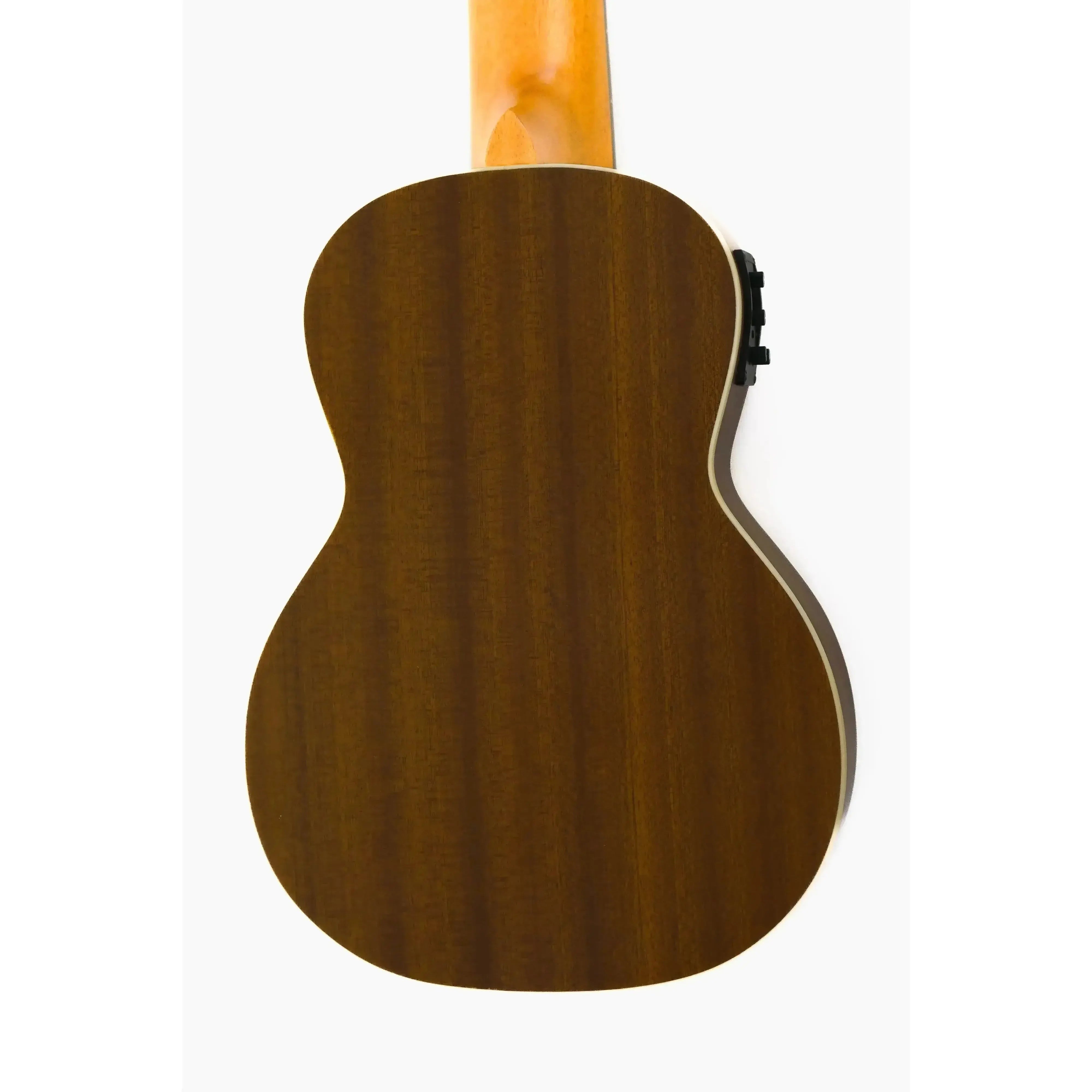 Ohana TKG-20E Guitarlele back, showing dark brown mahogany wood grain and cream binding.
