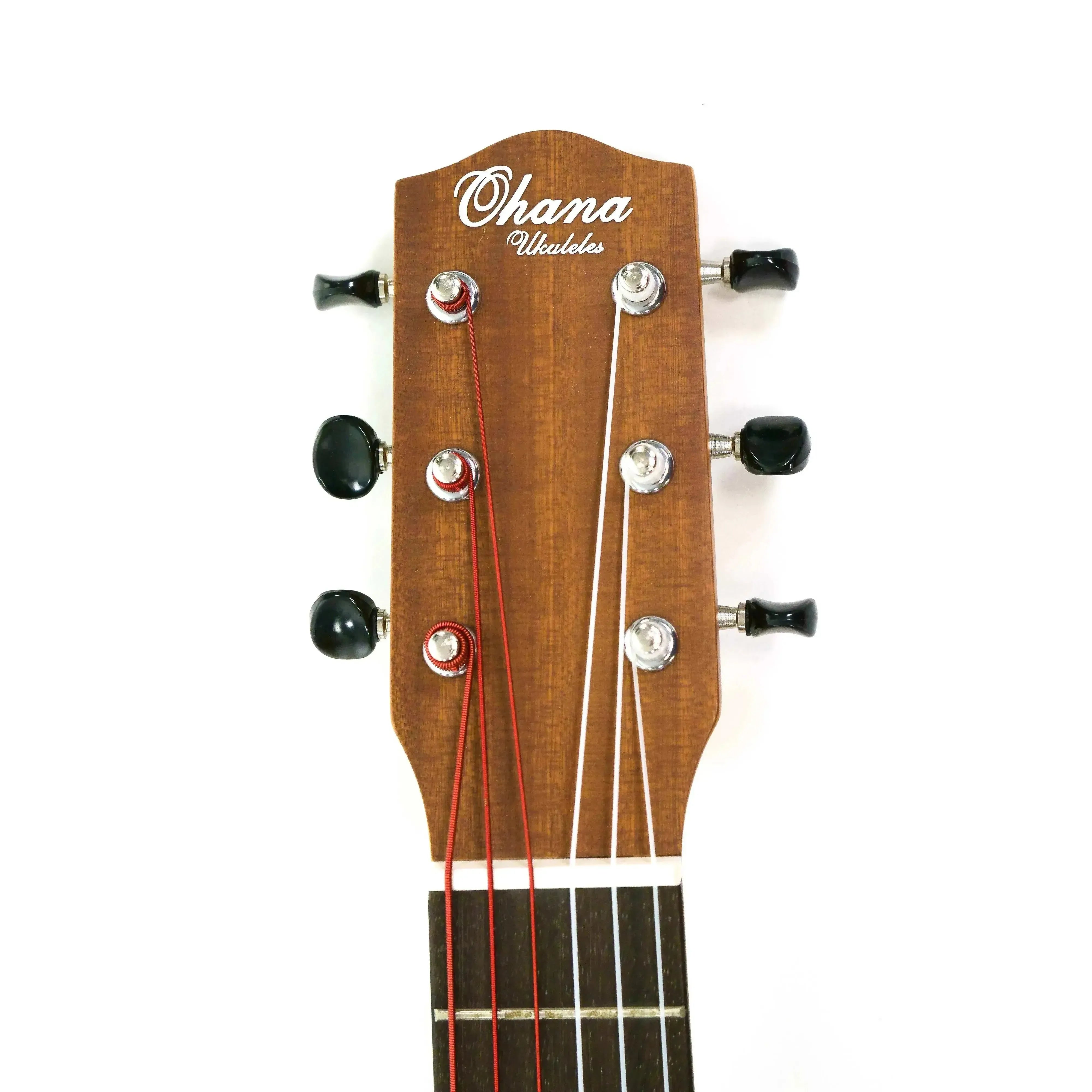 Ohana TKG-20E guitarlele headstock with mahogany finish, white logo, and black tuners.