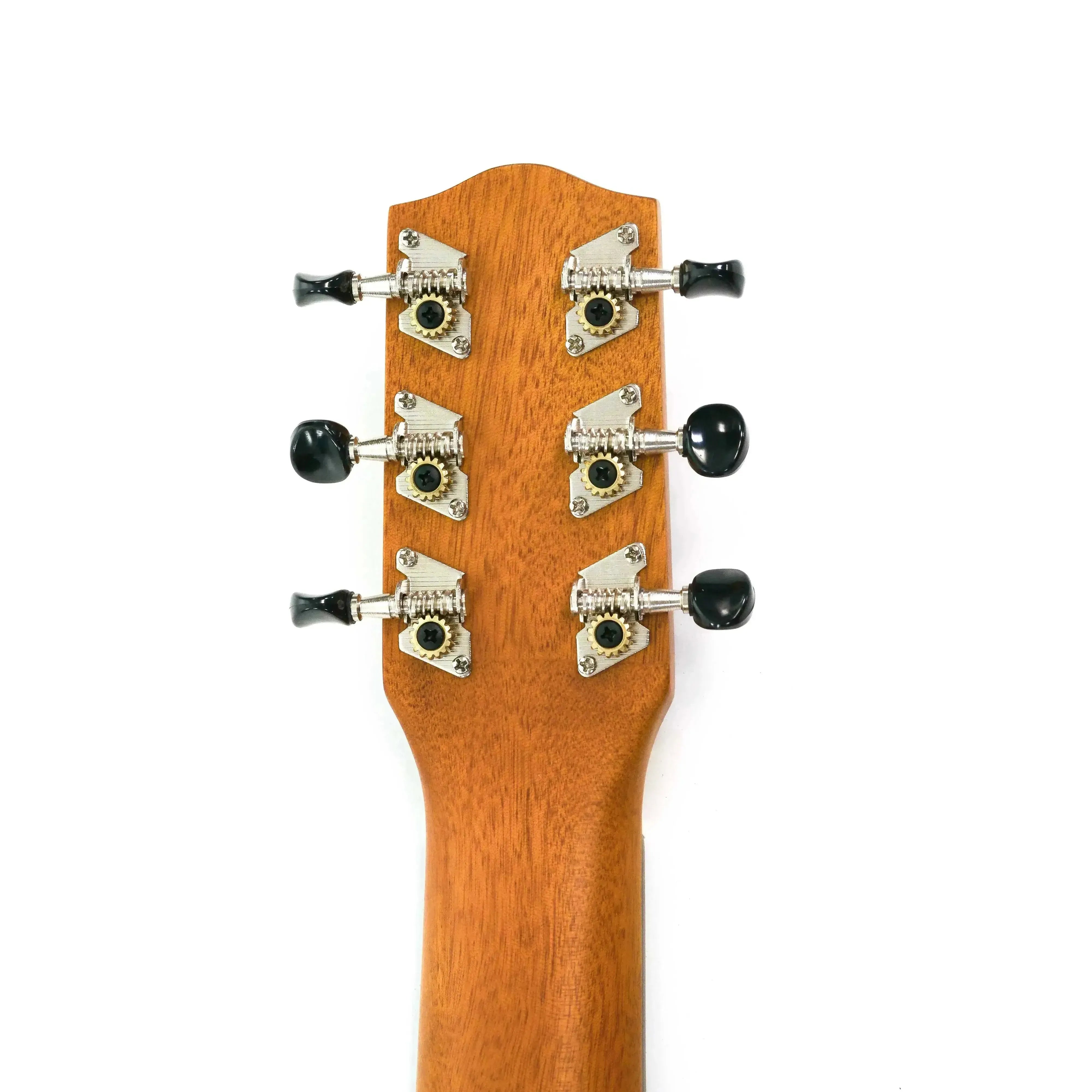 Ohana TKG-20E Guitarlele headstock and neck, showing six chrome tuners with black buttons.