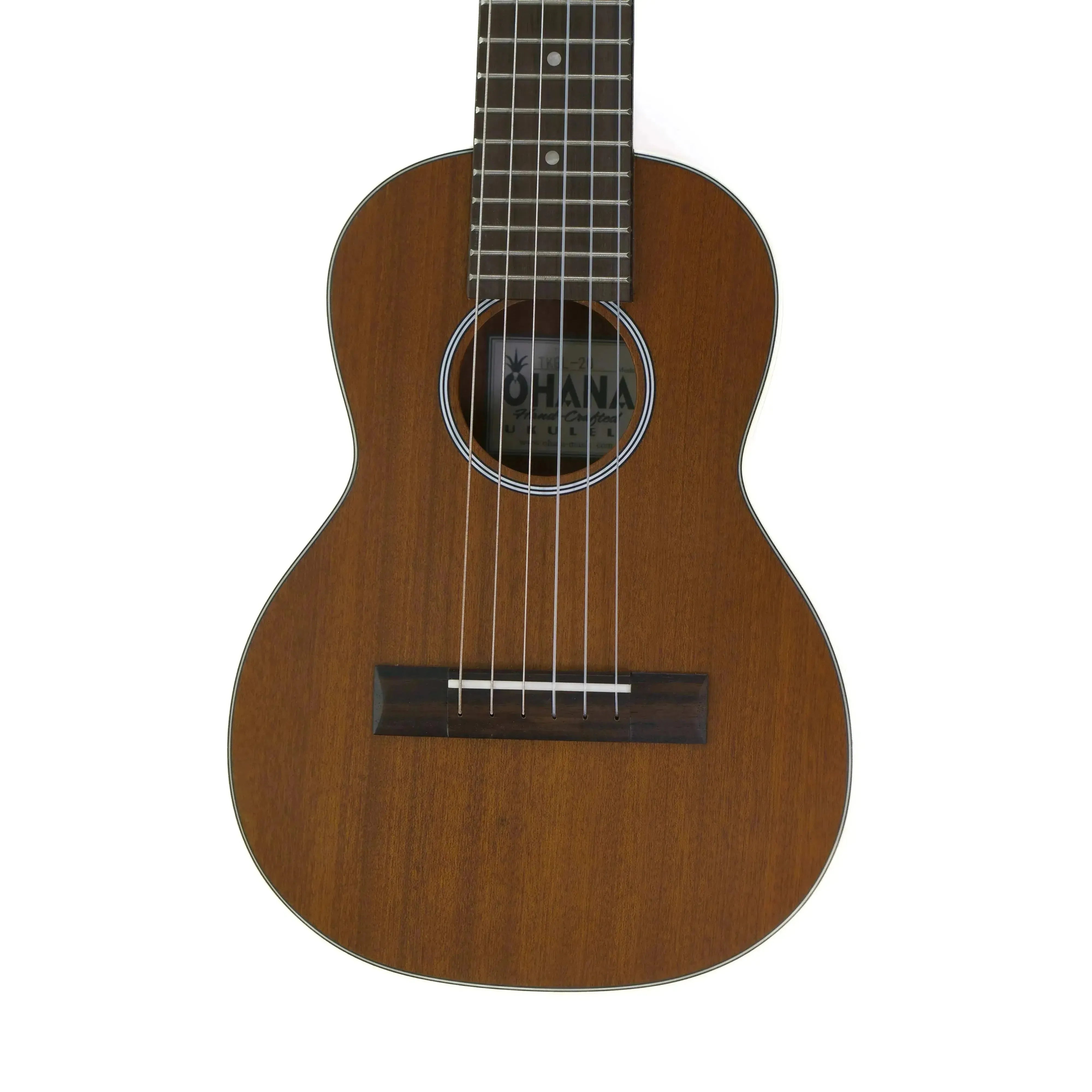 Ohana TKGL-20 solid mahogany top guitarlele with a satin finish, cream binding, and sound-hole rosette.