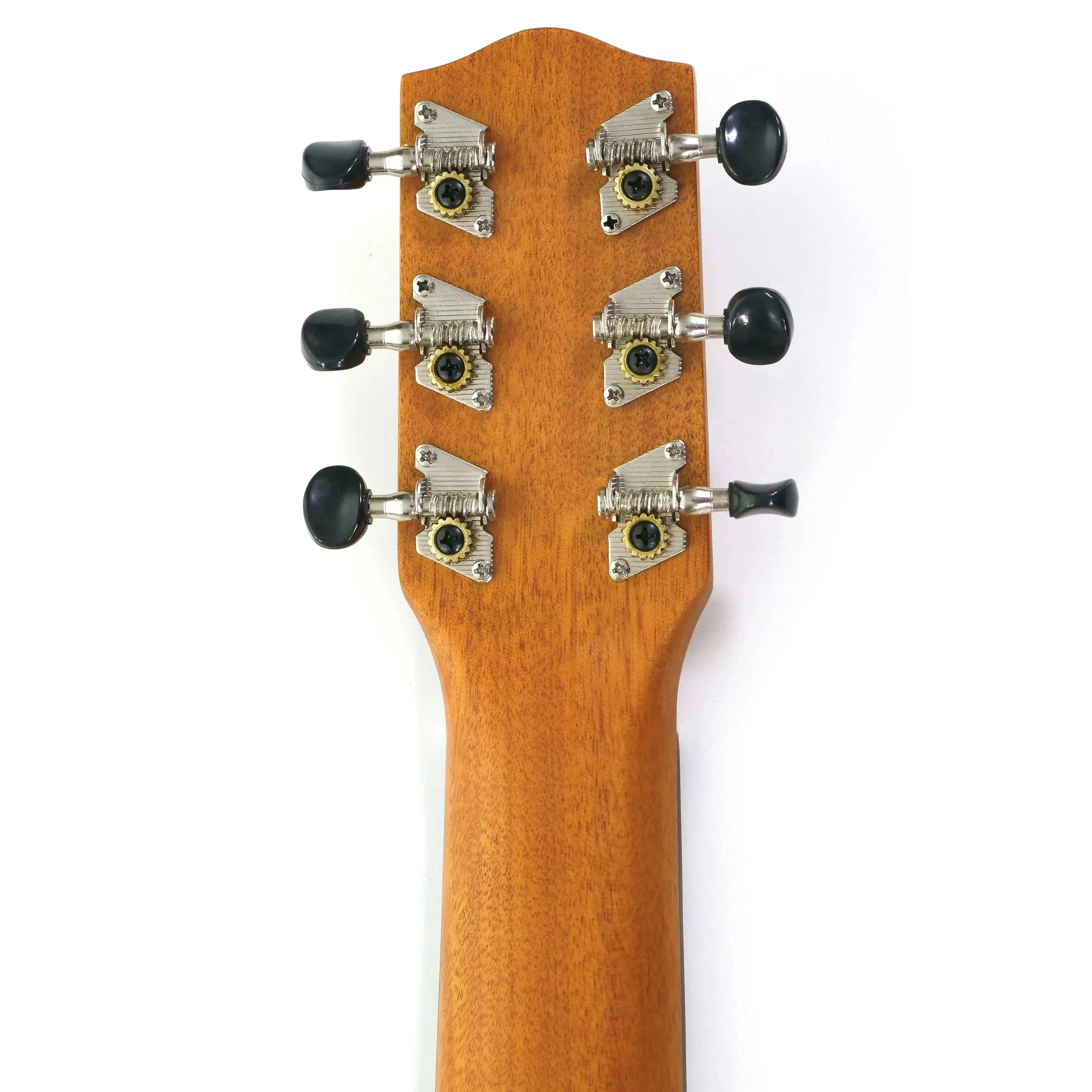 Ohana TKGL-20 solid mahogany guitarlele headstock and neck with six black geared tuners.