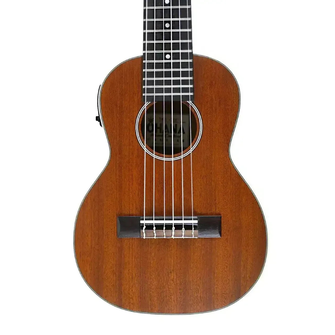 Ohana TKGL-20E solid mahogany top 6-string guitarlele with cutaway and pickup, front view.