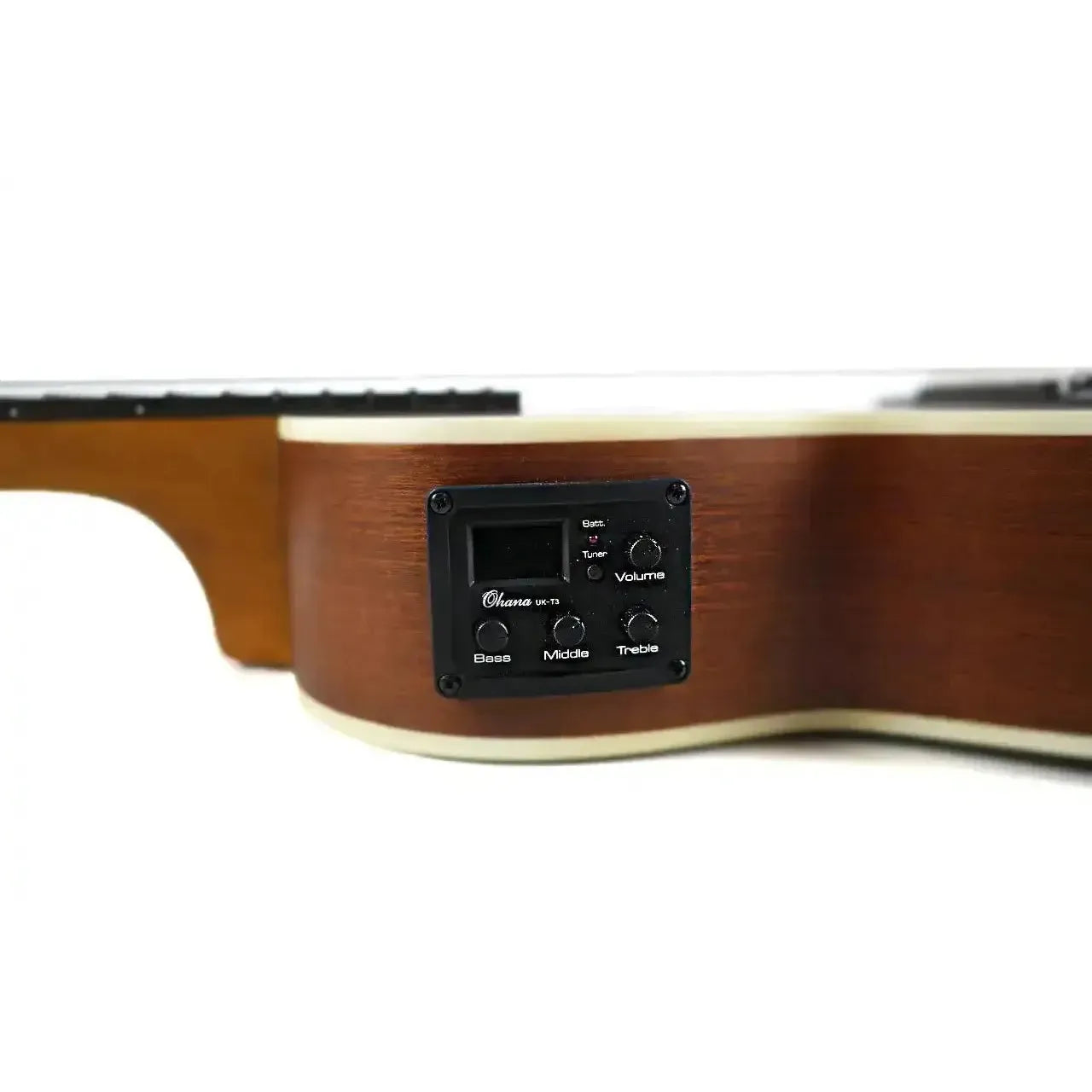 Ohana TKGL-20E guitarlele side with built-in black active pickup system and mahogany finish.