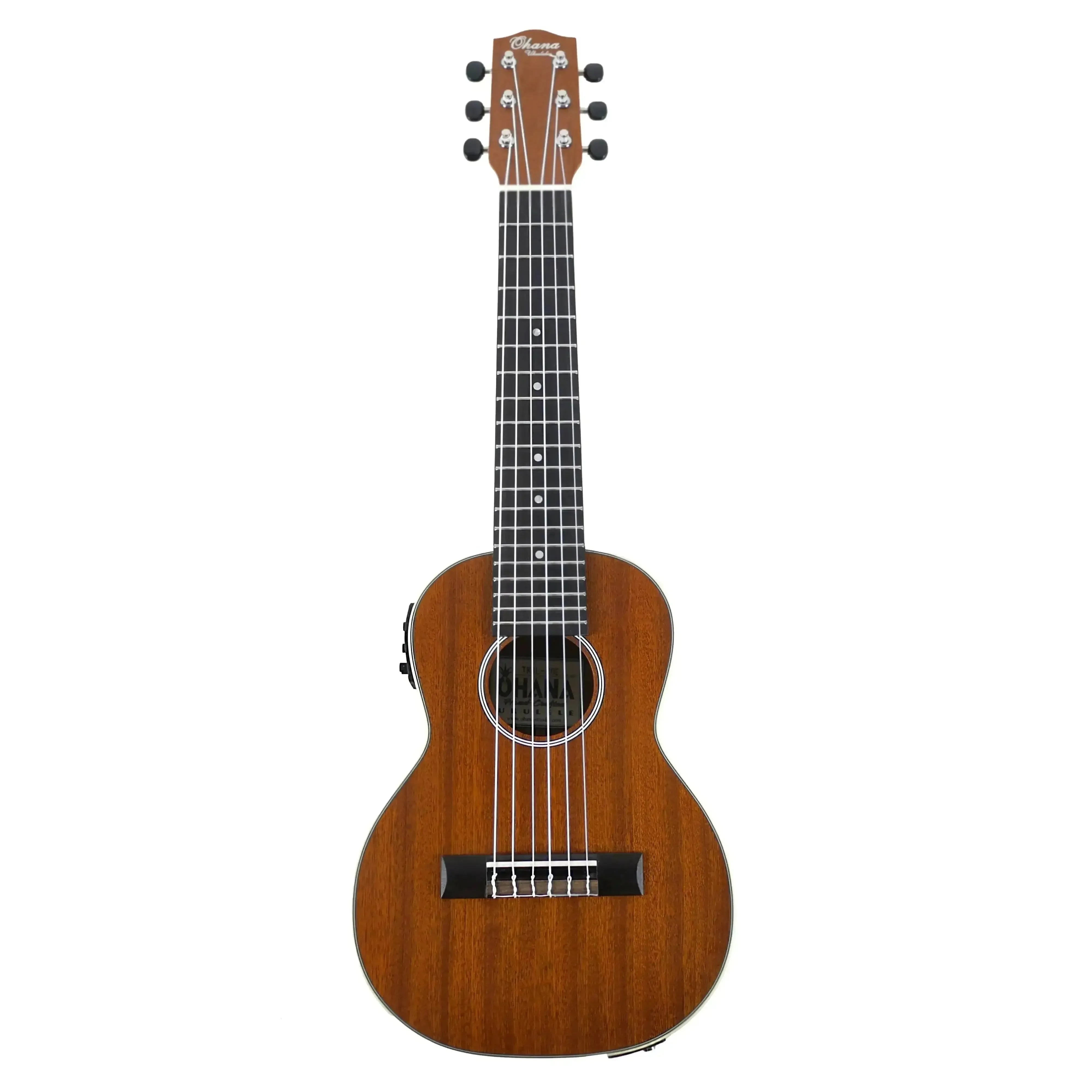 Ohana TKGL-20E solid mahogany top 6-string guitarlele with a cutaway body and pickup.