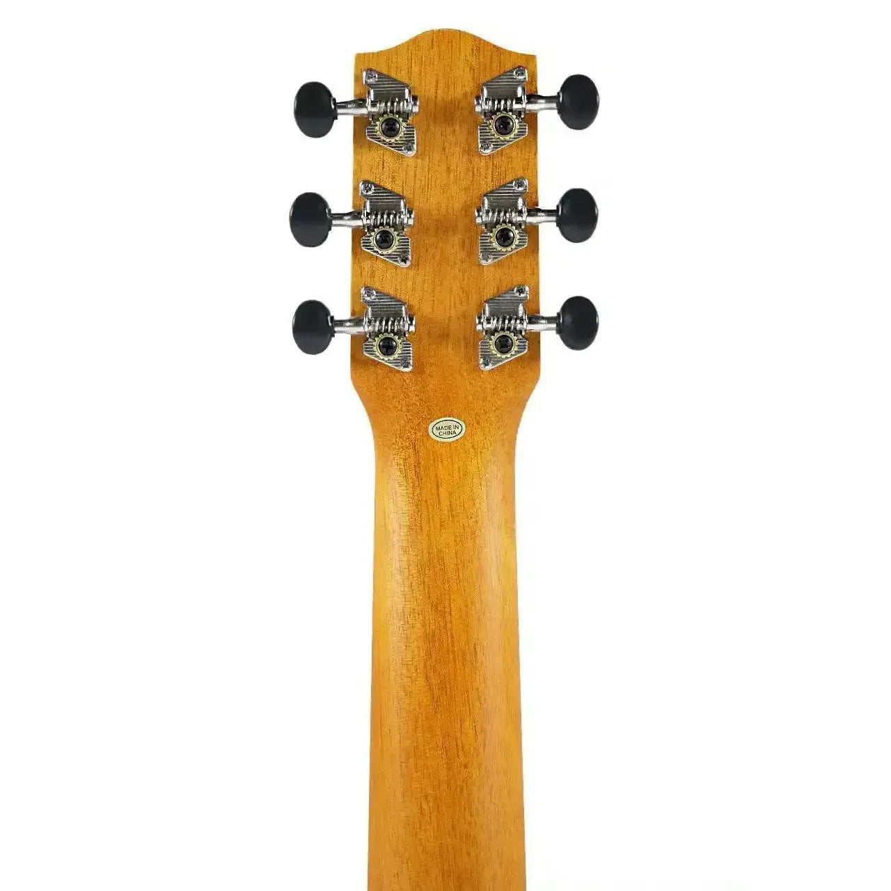 Back of Ohana TKGL-20E guitarlele headstock and neck, showing mahogany wood and black tuners.