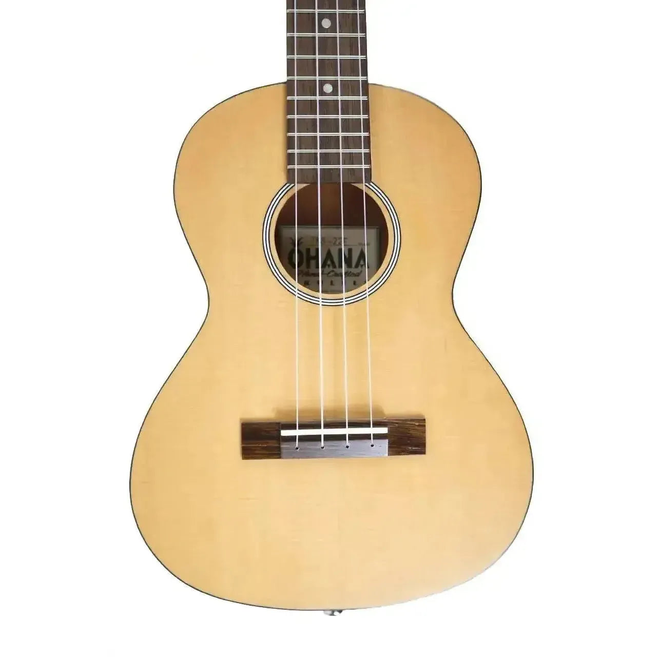 Ohana TKS-22E thin body tenor ukulele with light spruce top, dark wood bridge, and soundhole.