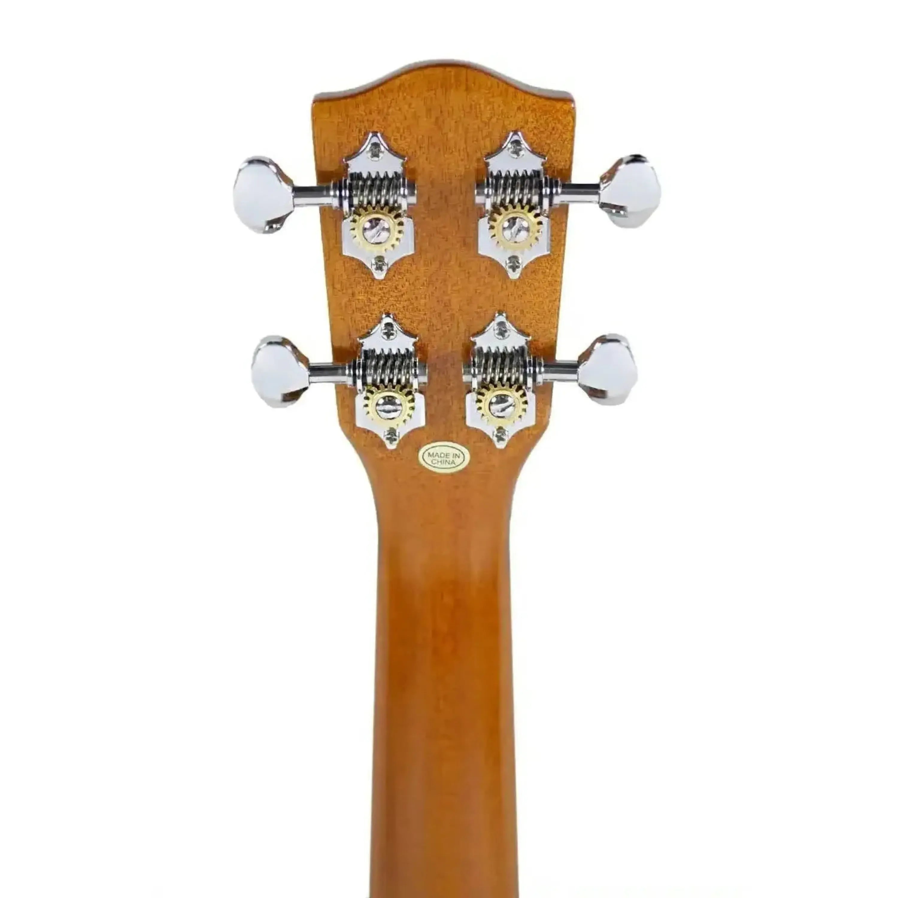 Ohana TPK-220G pineapple sopranino ukulele headstock with mahogany neck and chrome tuners.