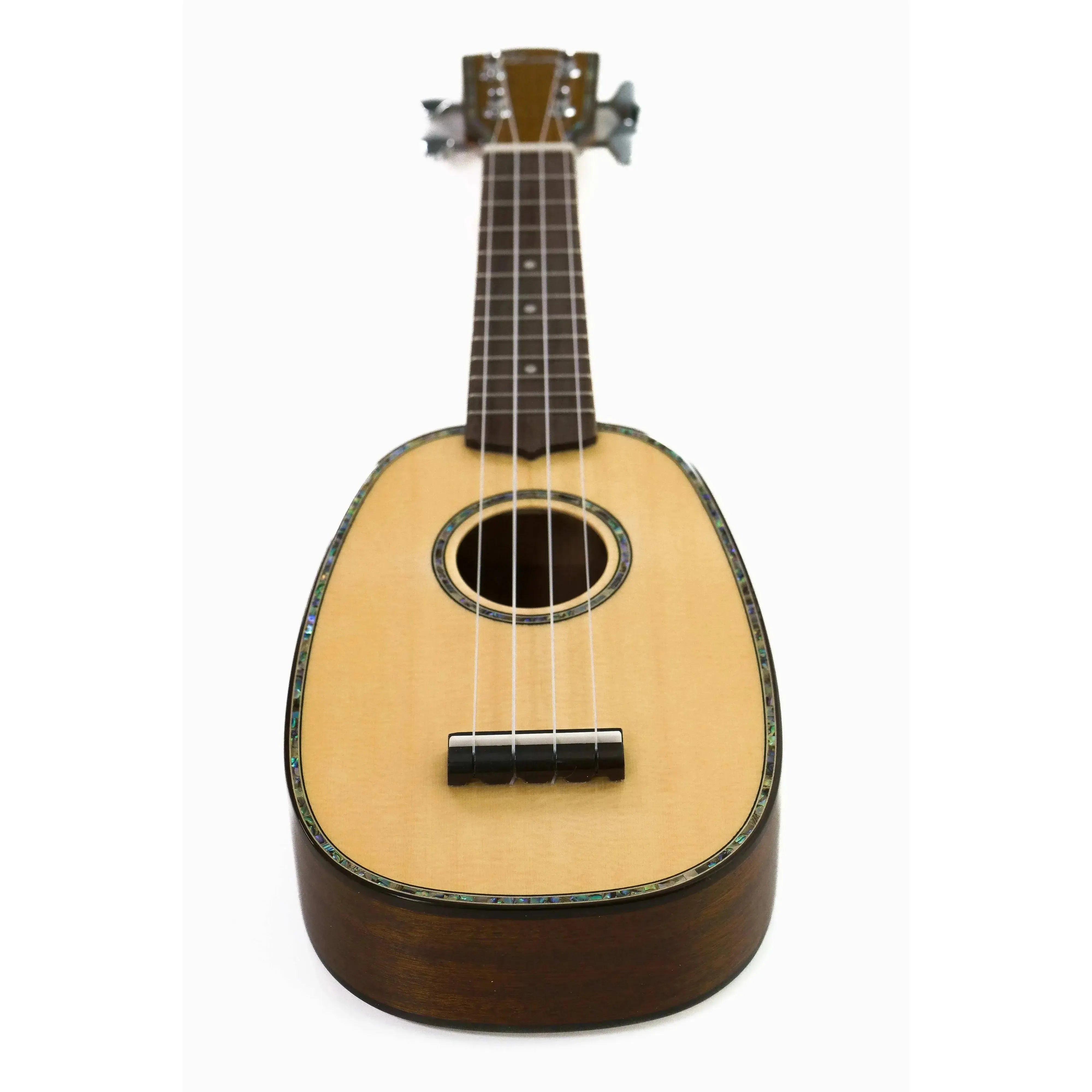 Ohana TPK-70G pineapple sopranino ukulele with light spruce top, dark mahogany back, and abalone inlay.