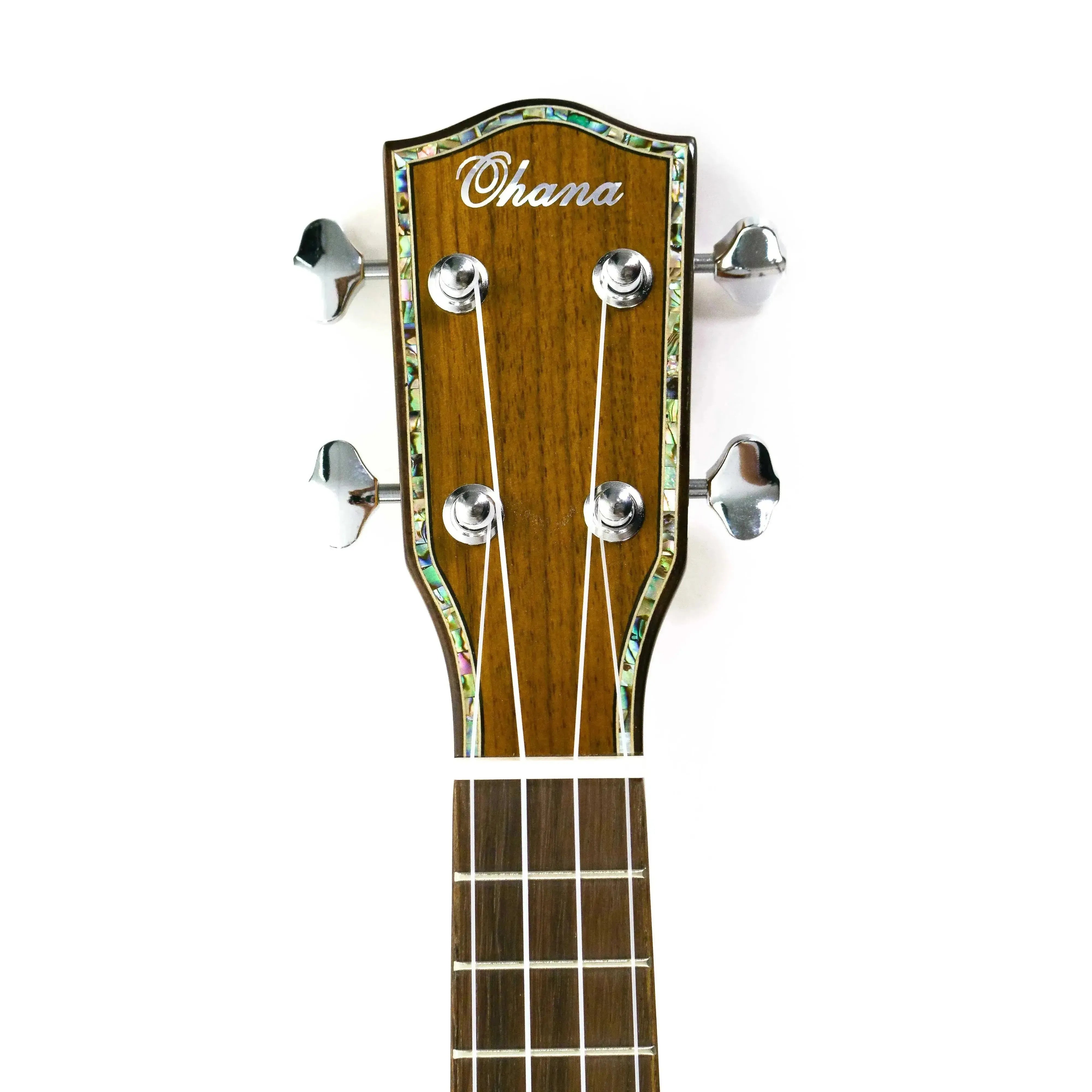 Ohana ukulele headstock with abalone inlay, Grover tuners, and "Ohana" logo.