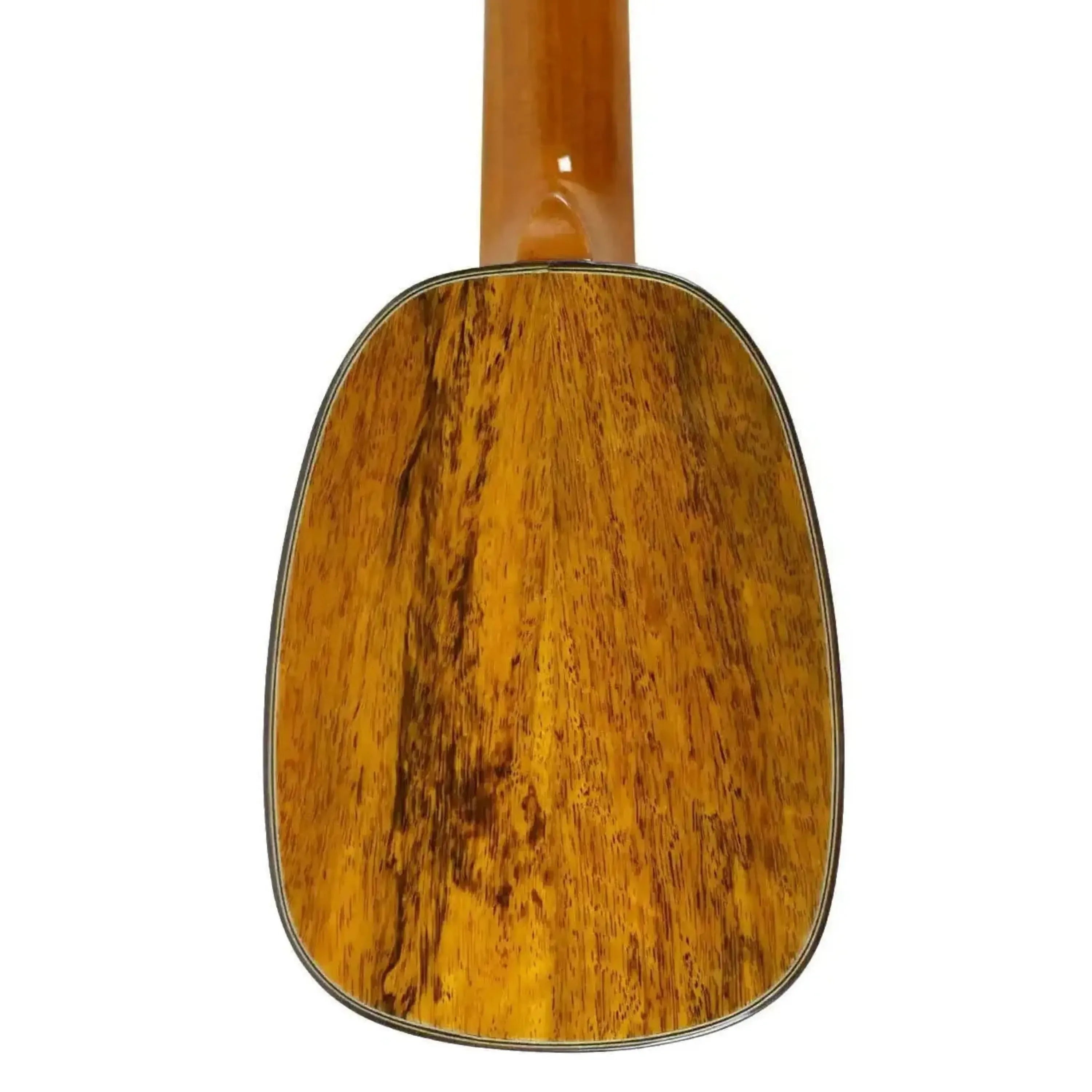 Ohana TTPK-220G pineapple sopranissimo ukulele back, showing solid mango wood grain and high-gloss finish.
