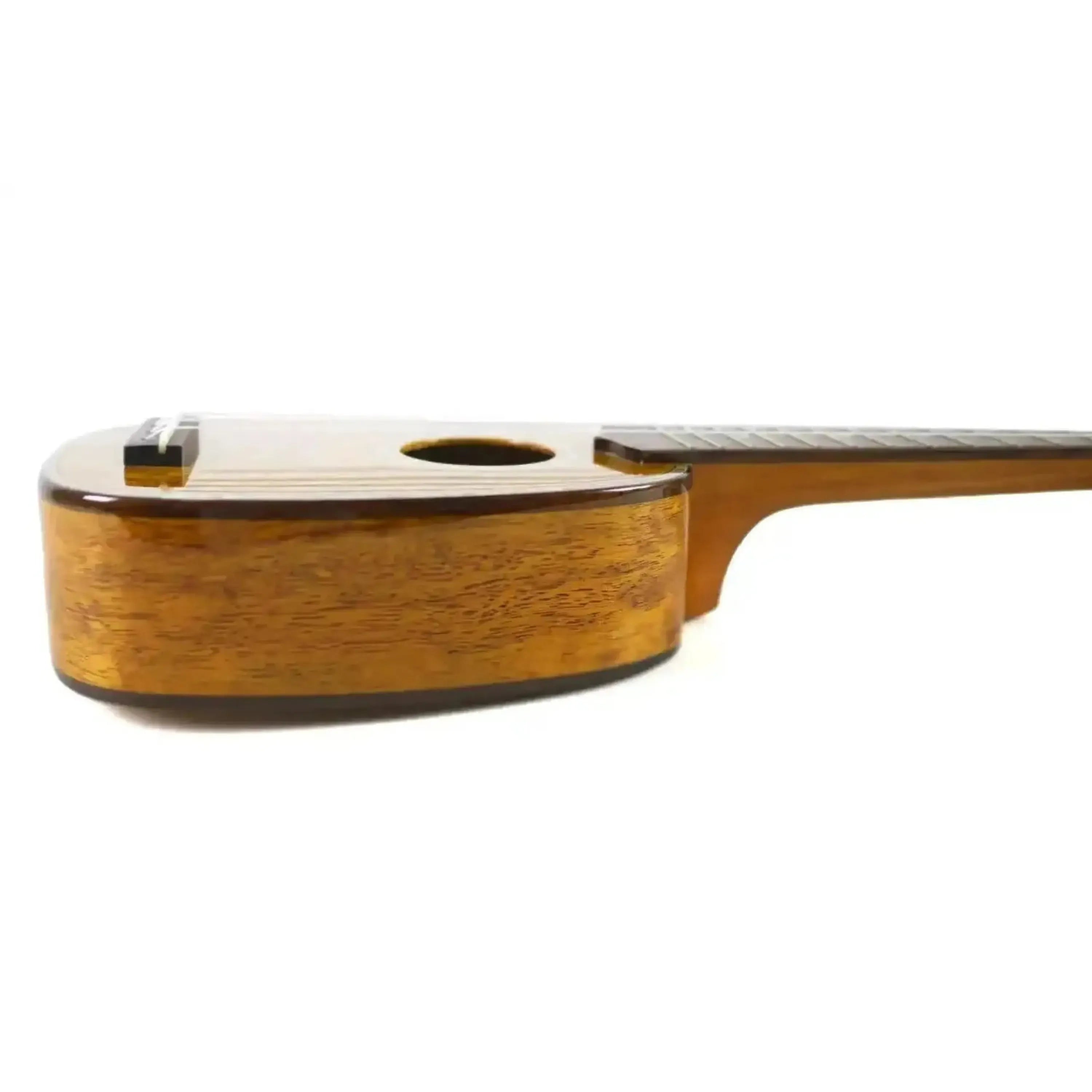 Ohana TTPK-220G solid mango pineapple sopranissimo ukulele, side view showing glossy finish and wood grain.