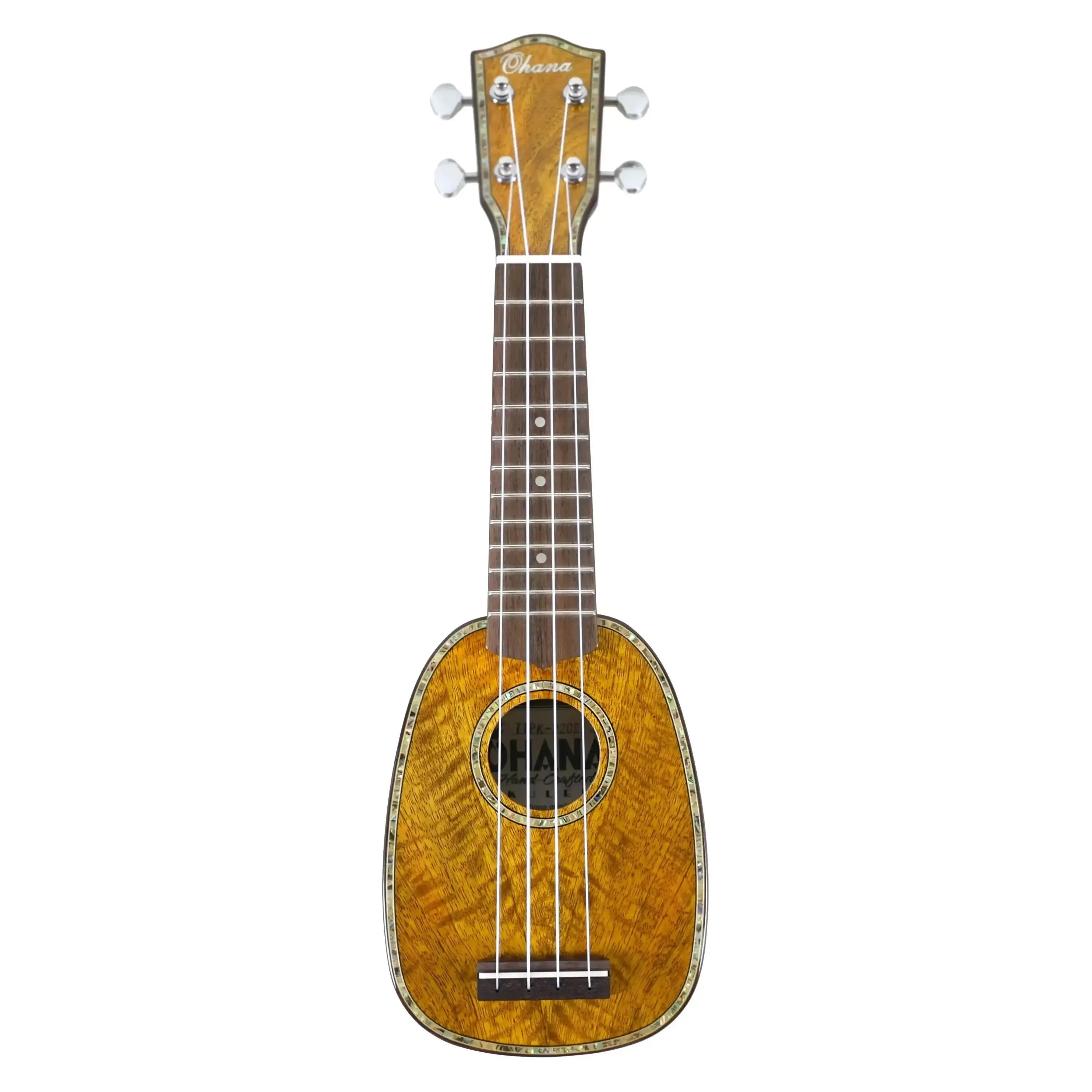 Ohana TTPK-220G solid mango pineapple sopranissimo ukulele with high-gloss finish, abalone rosette, and chrome tuners.