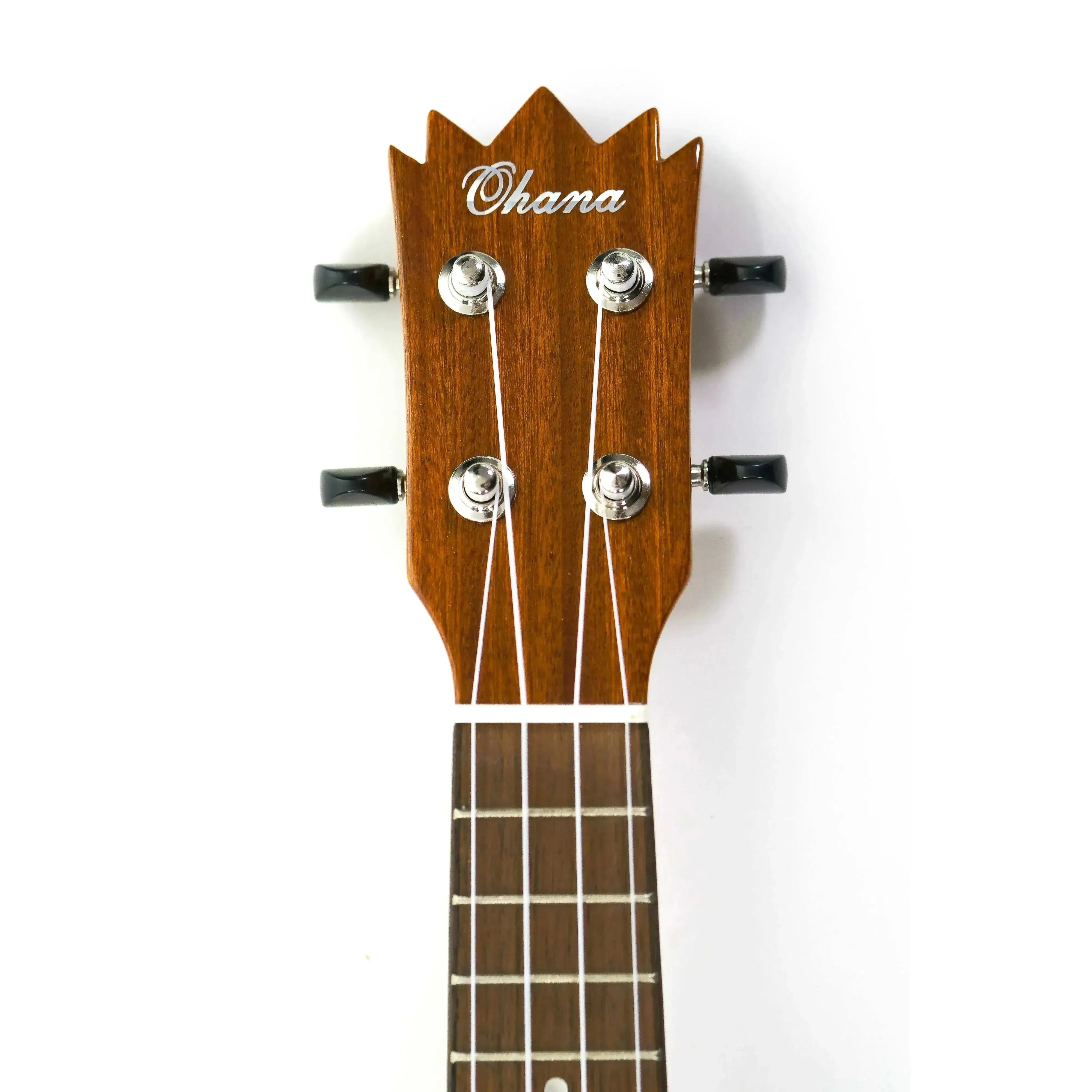 Ohana TTPK-25G Pineapple Sopranissimo Ukulele headstock with crown shape, solid mahogany, and glossy finish.