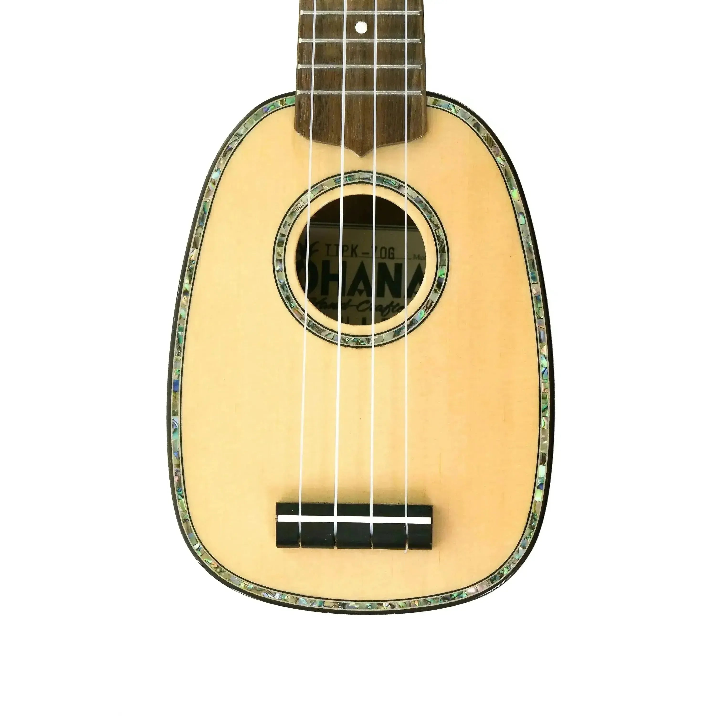 Ohana TTPK-70G pineapple sopranissimo ukulele with spruce top, abalone rosette, and wood binding.