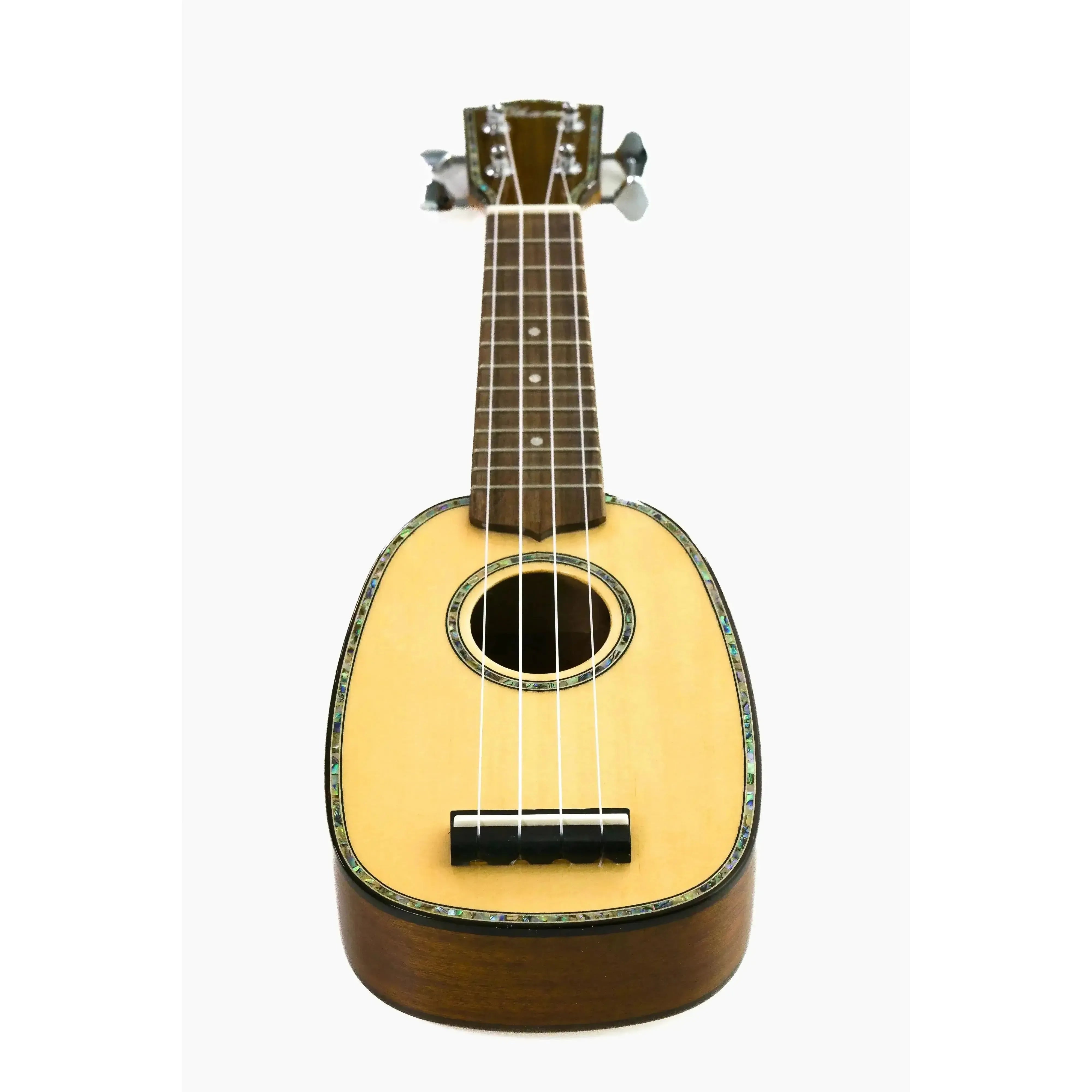 Ohana TTPK-70G pineapple sopranissimo ukulele with light spruce top, dark mahogany back, and abalone rosette.