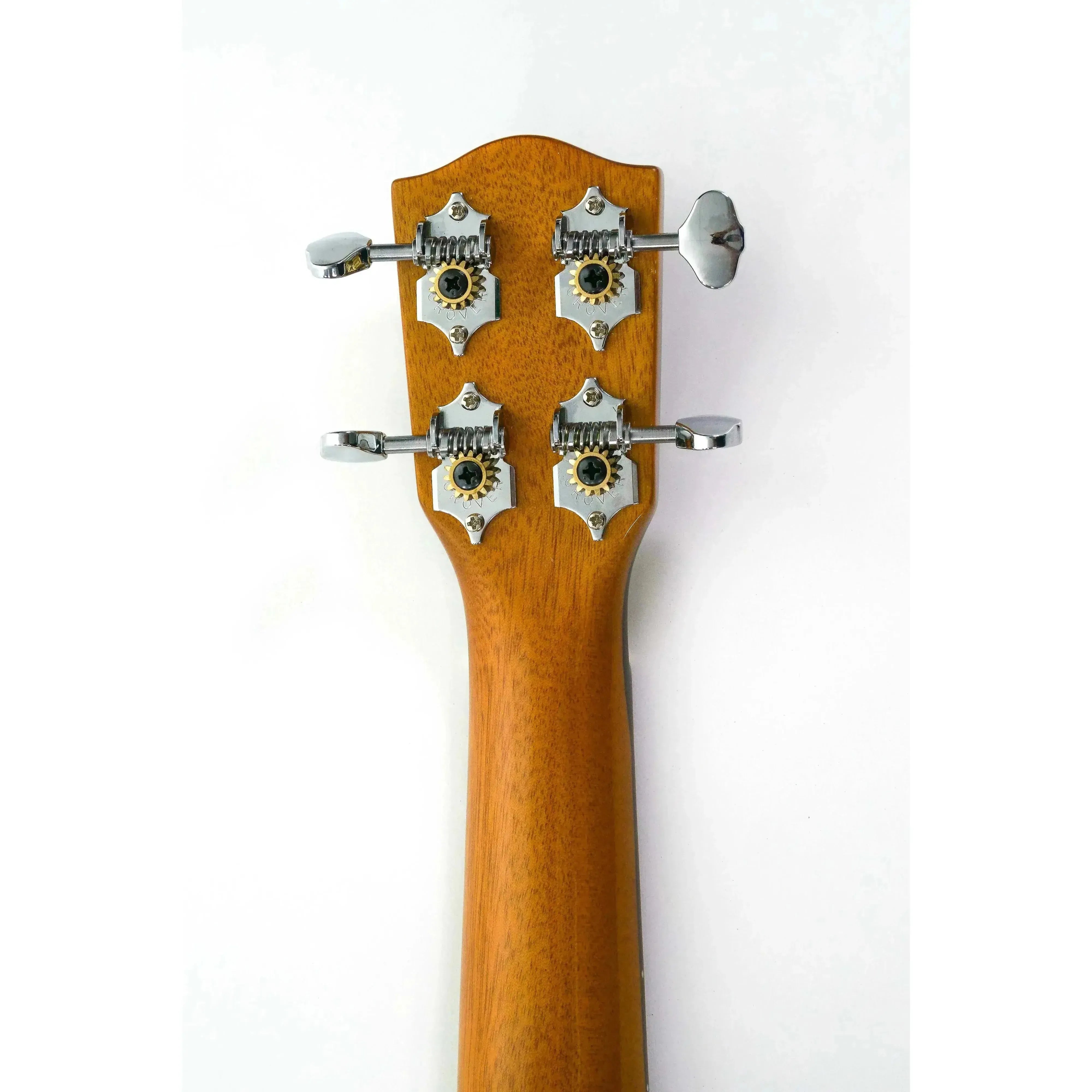 Ohana TTPK-70G ukulele headstock with mahogany wood, chrome Grover tuners, and gold gears.