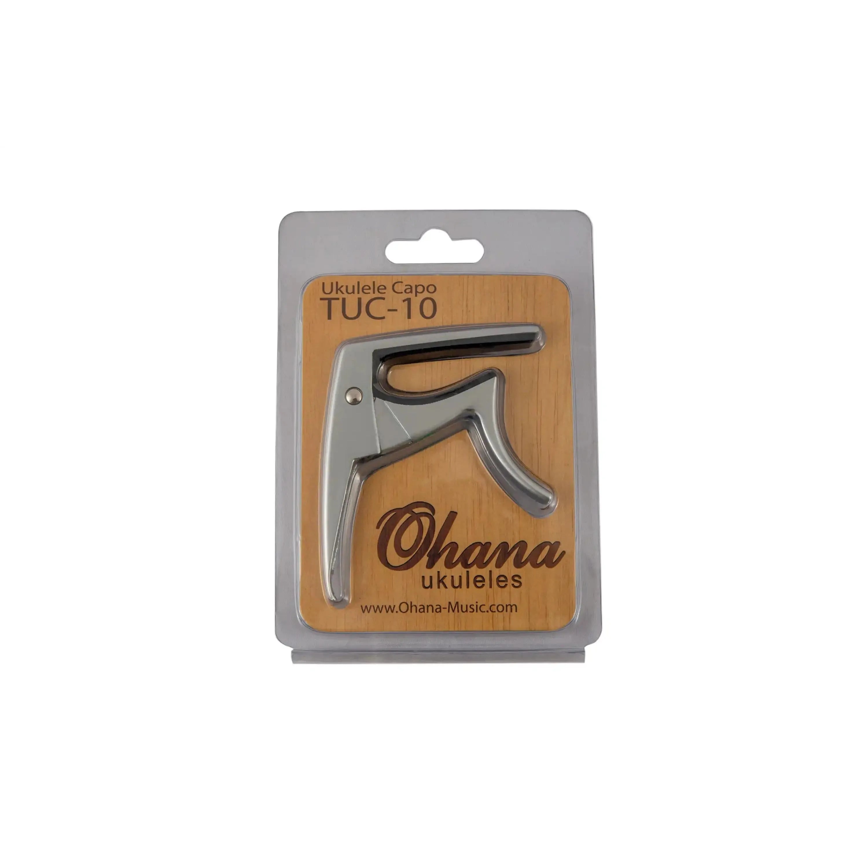 Ohana TUC-10 silver ukulele trigger-style capo in clear retail packaging with wood-look backing.