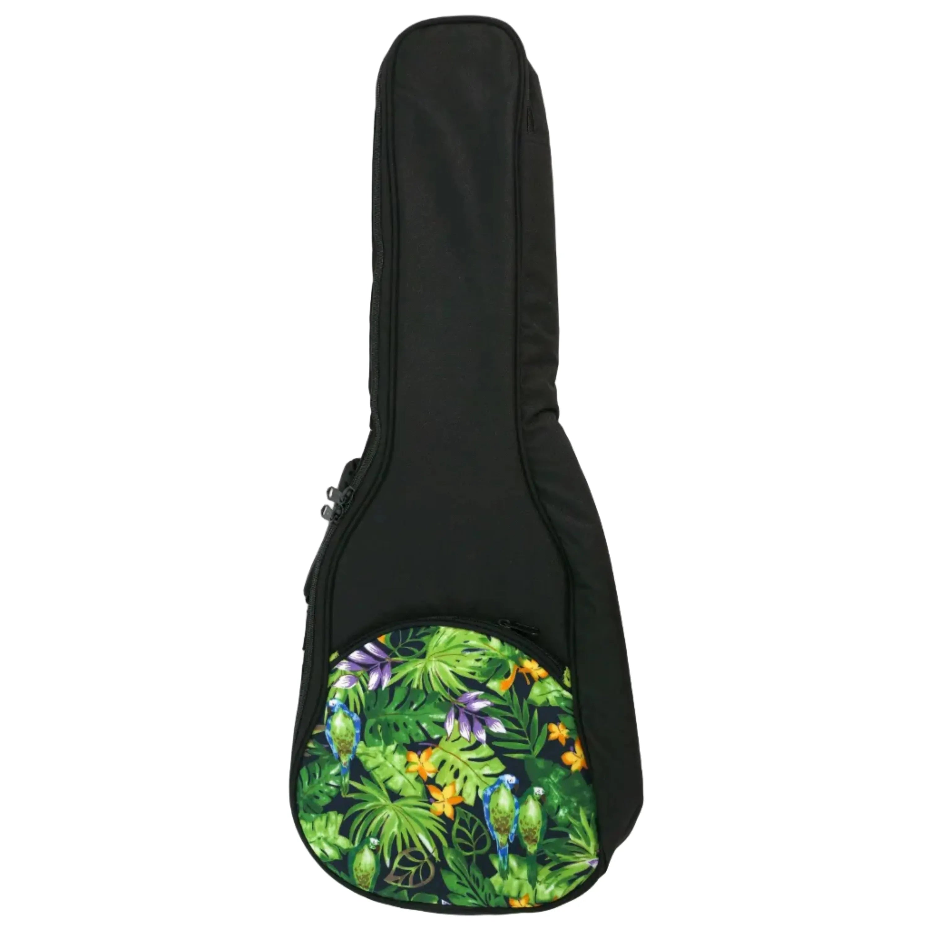 Ohana Concert Ukulele Gigbag, black nylon with green floral and parrot print front pocket.