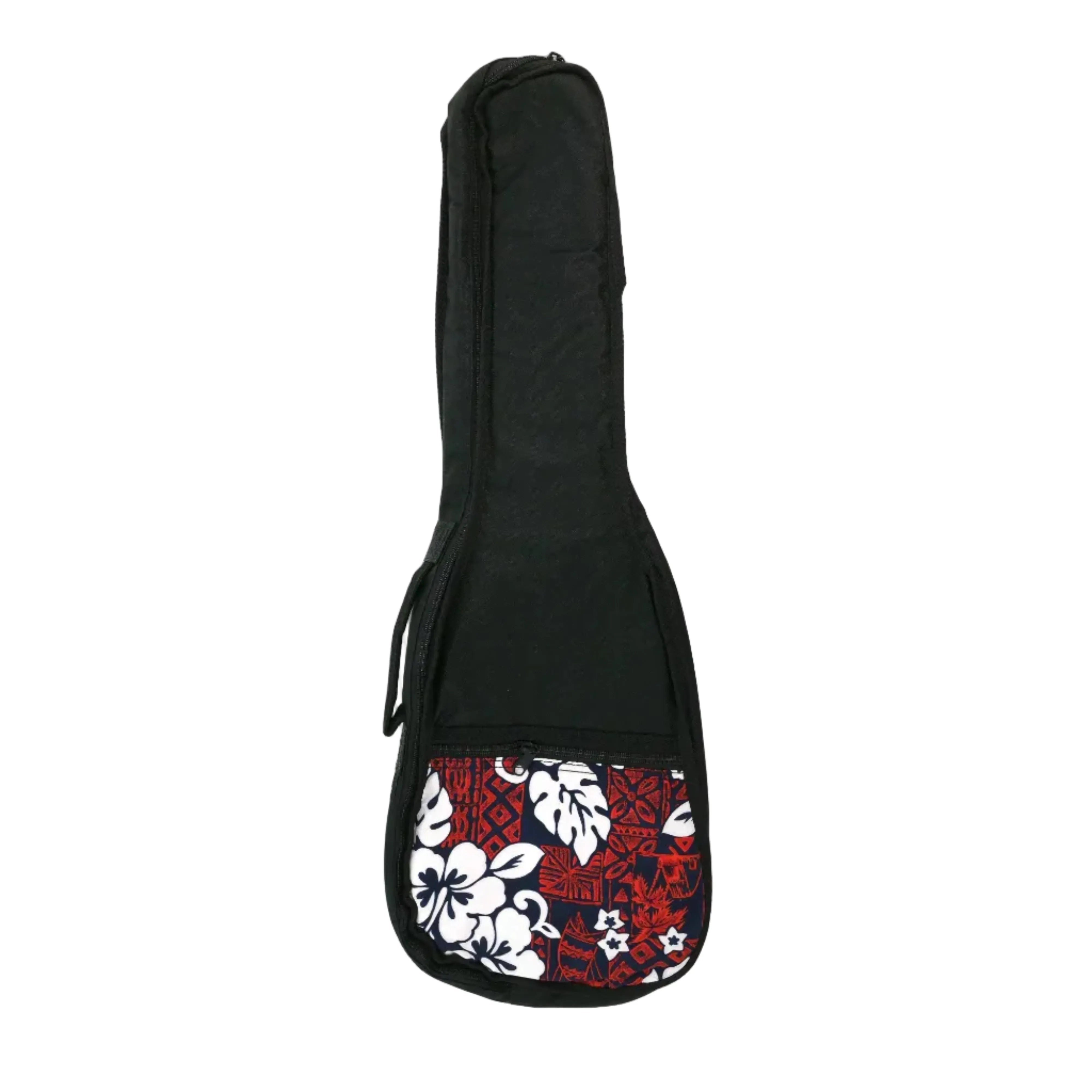 Ohana UB-24-RD Concert Ukulele Gigbag, black nylon with red/white Hawaiian floral print pocket.