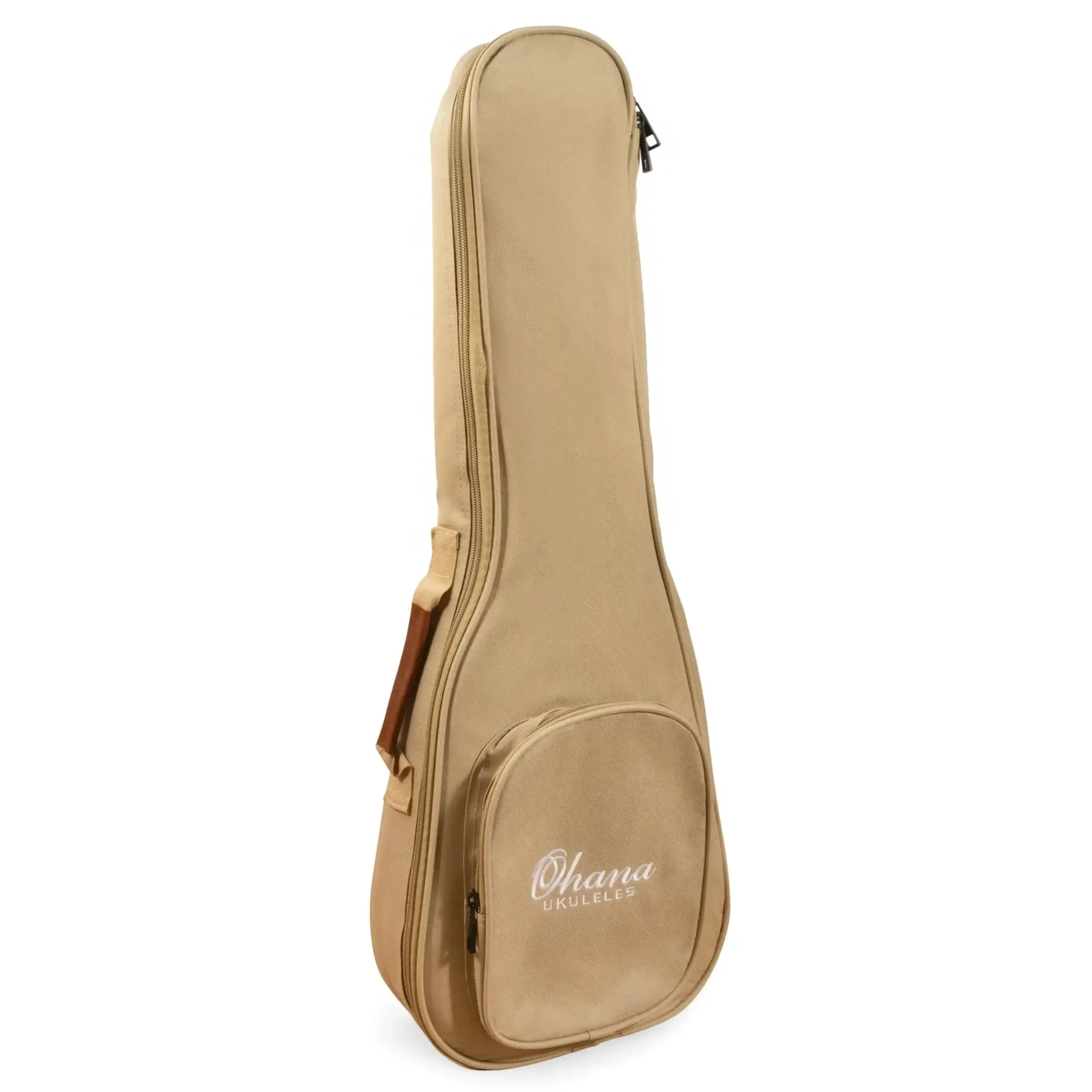 Ohana UB-24YL tan nylon padded concert ukulele gigbag with embroidered logo, front pocket, and faux leather handle.