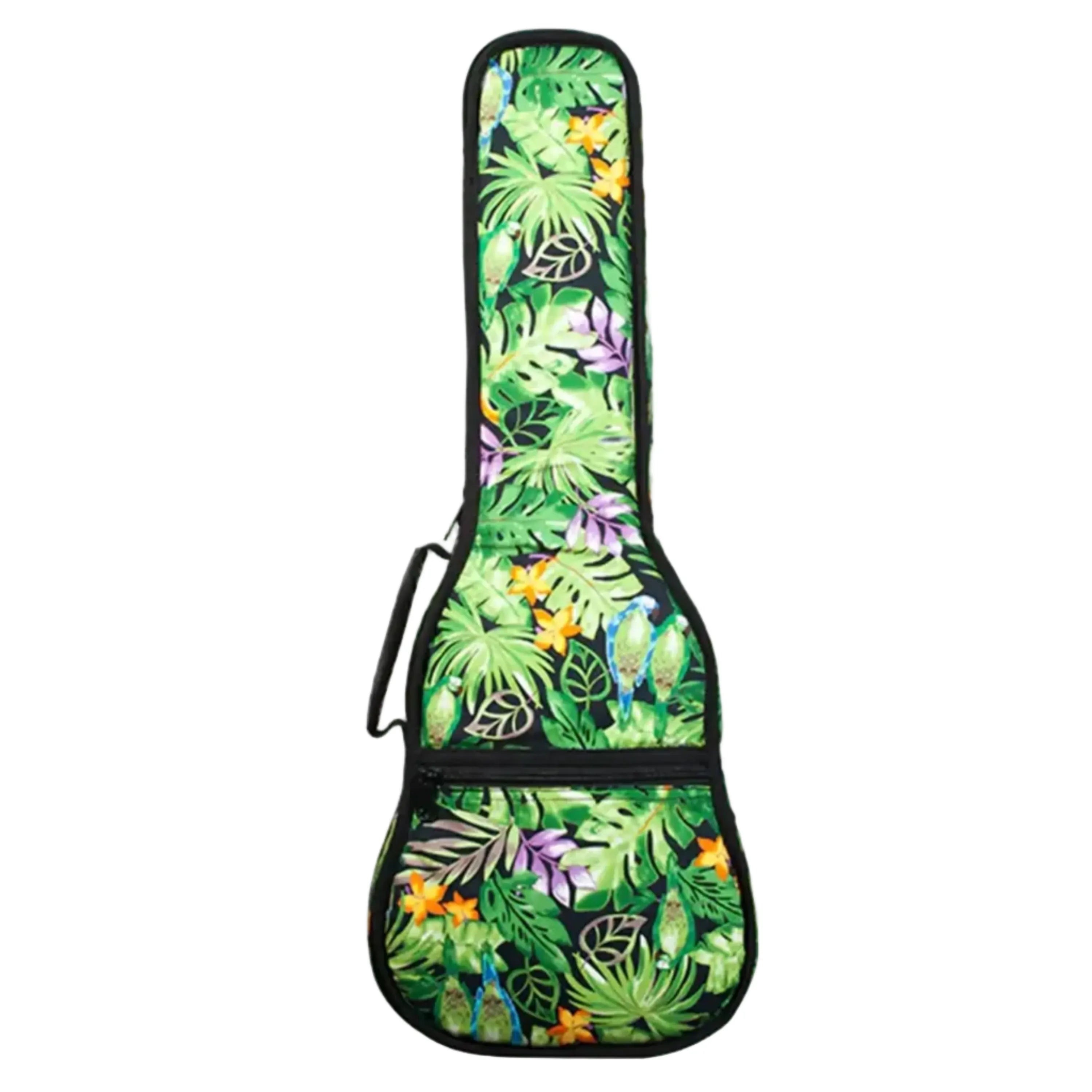 Ohana Tenor Ukulele Gigbag with Hawaiian green floral print, parrots, and black trim.